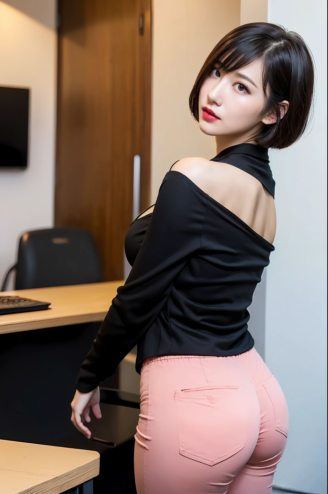 1girl, Ultra detailed skin, look, brown eyes, big eyes, (shoulder-length short hair with bangs: 1.2), (photorealistic: 1.4), (best quality: 2.0), (ultra high definition: 1.0), 8K, (masterpiece:1.5),ultra fine ,(pureerosface_v1:1.5),button up shirt,suit,pantsuit,pants,working woman,exposed cleavage, big breasts, dynamic lighting, skin is shining, pink glowing lipstick, white beautiful skin, (sexual arousal: 1.1),office,buttocks,with your back to camera,beautiful shaped ass,buttocks sticking out towards camera