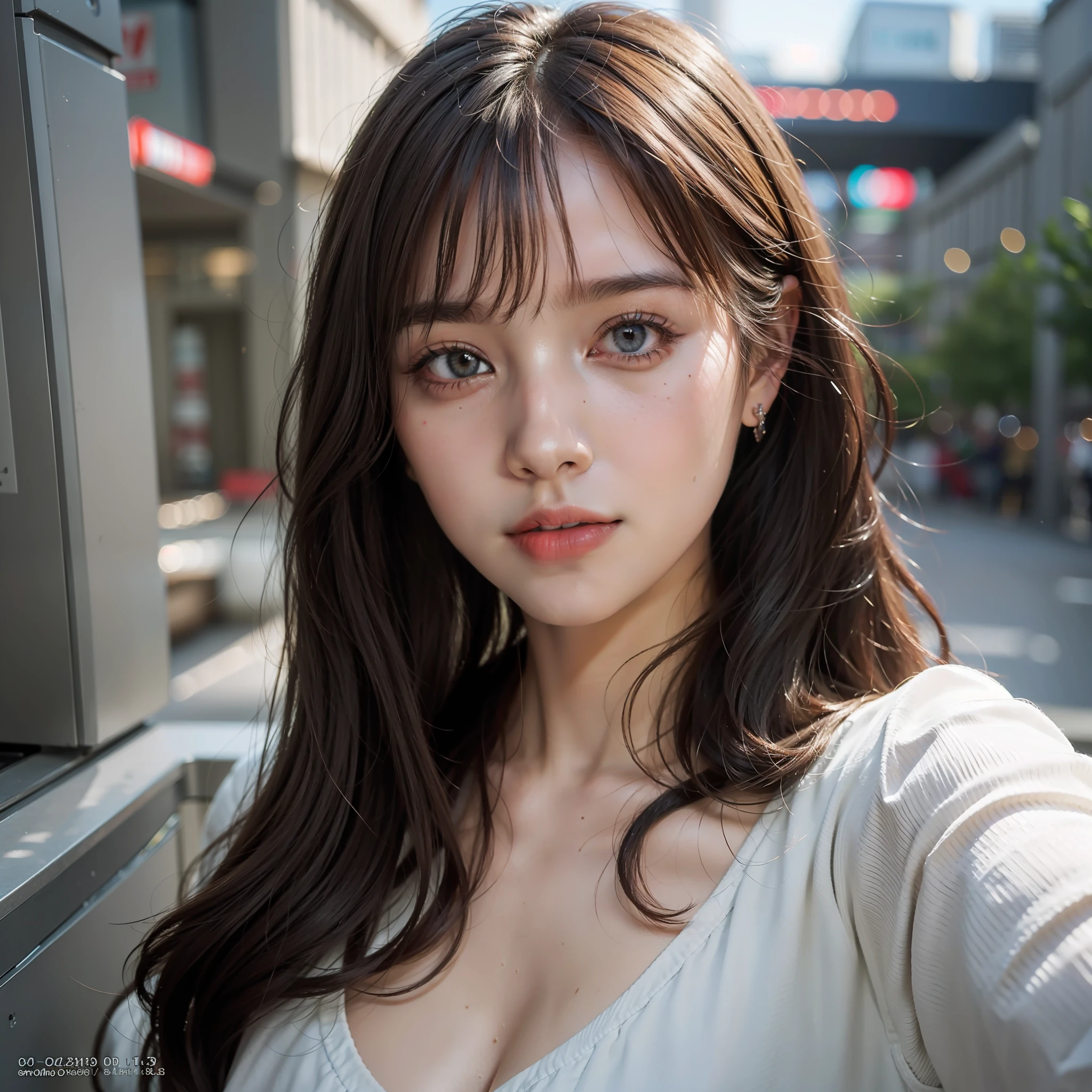 8K, Best Quality, Masterpiece, Ultra High Resolution, (Realism: 1.4), Original Photo, (Realistic Skin Texture: 1.3), (Film Grain: 1.3), (Selfie Angle),1 Girl, Beautiful Eyes and Face Details, Masterpiece, Best Quality, Close-up, Upper Body, Looking at the Viewer