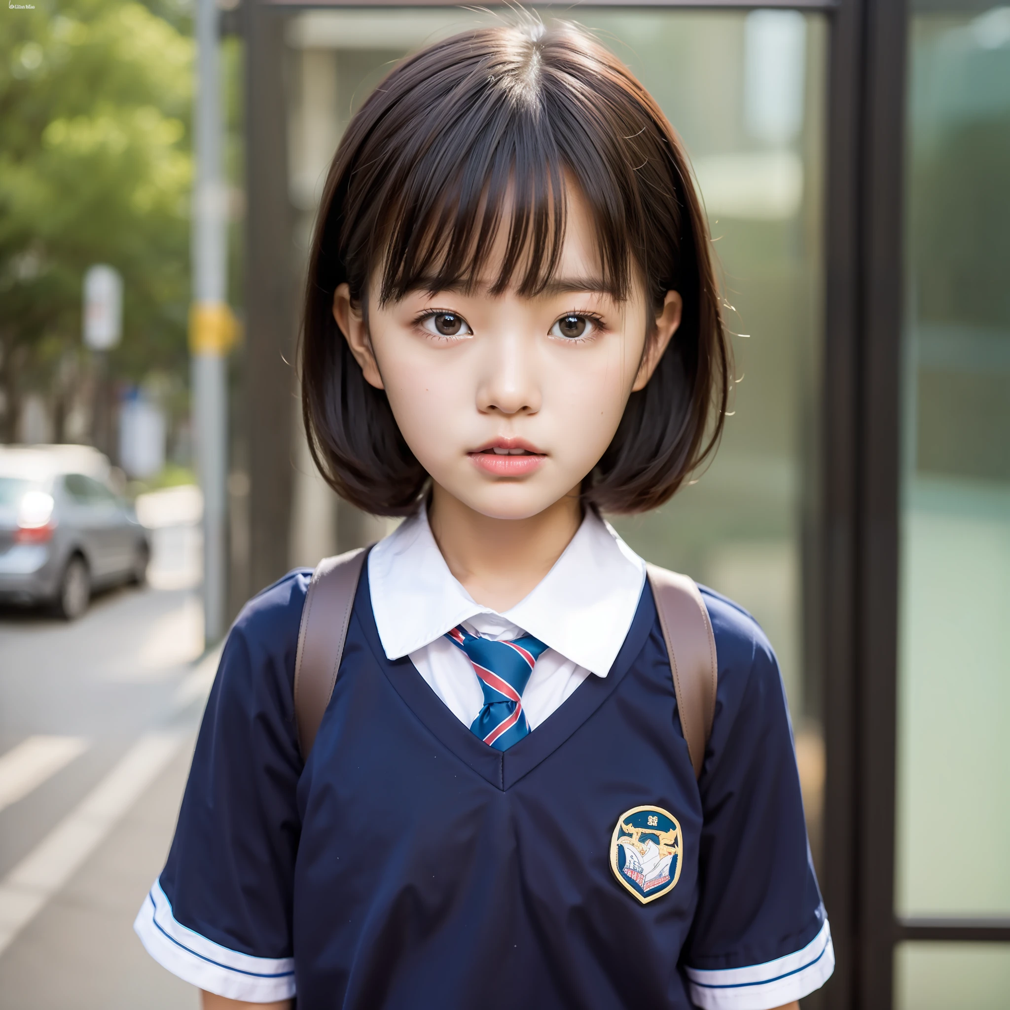 cute schoolgirl, short cut, face up shot, summer clothes, puberty, dusk, frontal, portrait, school, camera gaze, pale