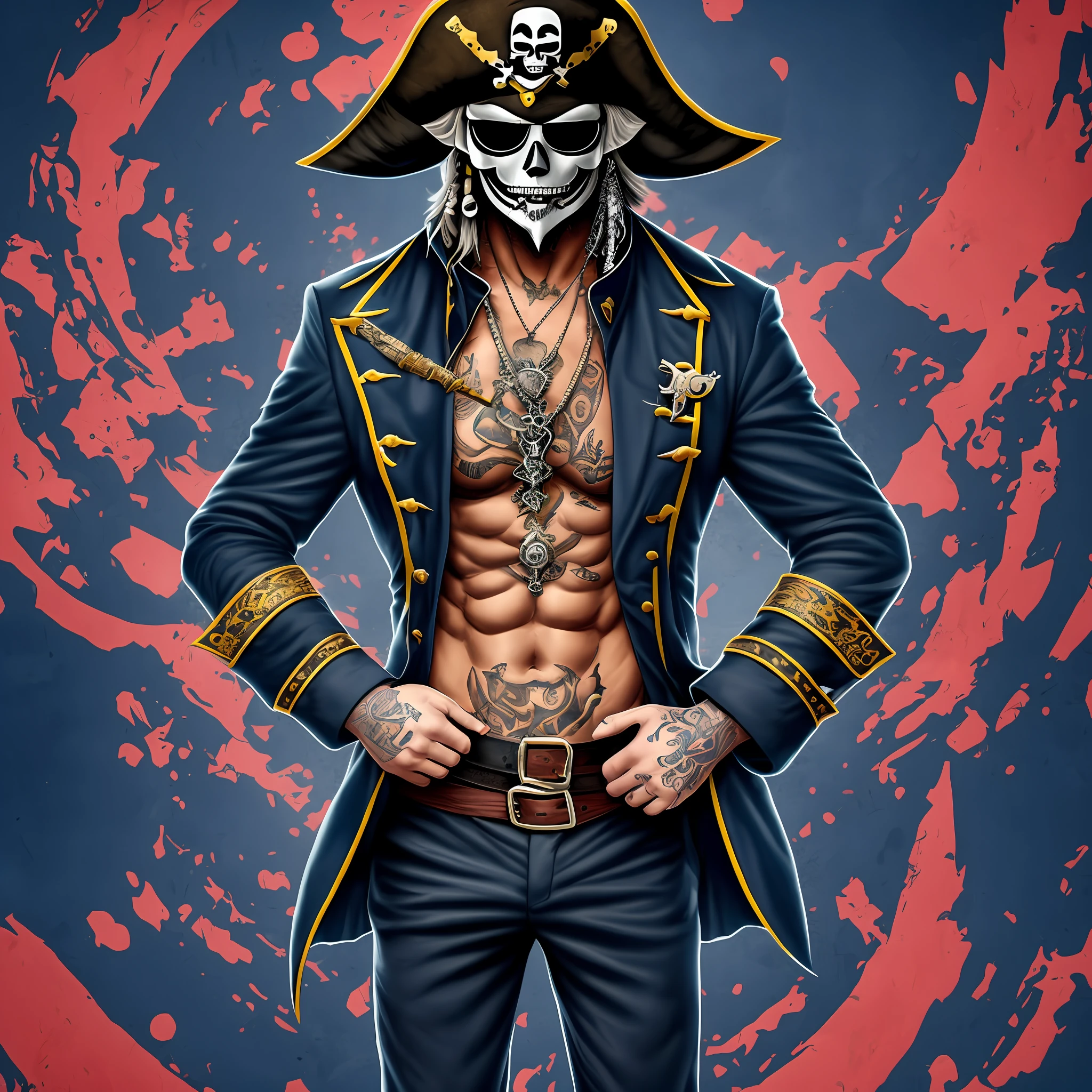 Dark-skinned man, black hair with black mask, a navy blue overcoat, black pants ((pirate))(full body) with tattoos and a harpoon in his hand;