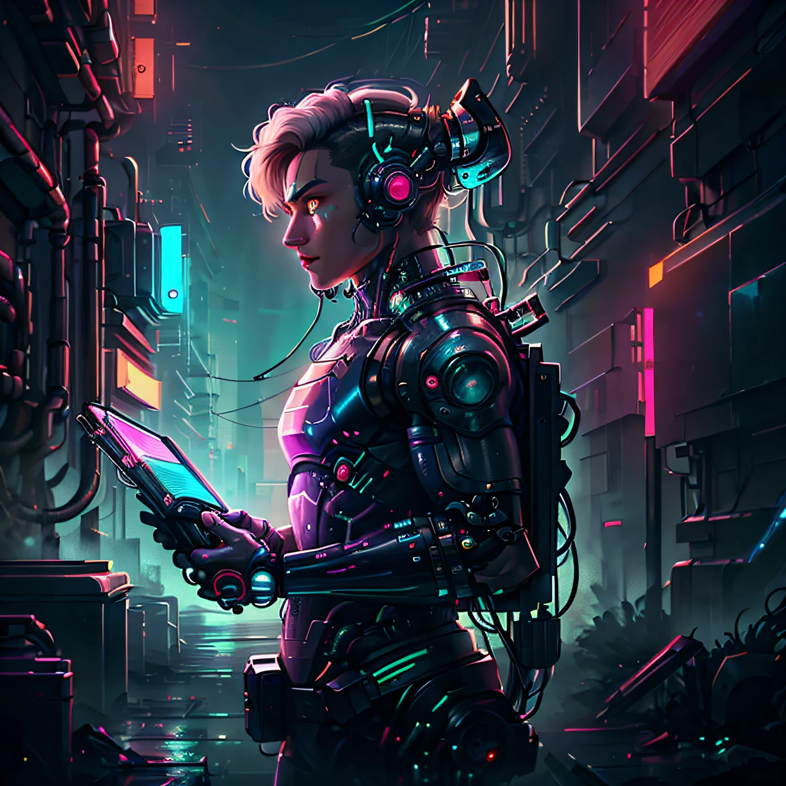 (Book cover) (masterpiece), (highest quality), (official art, highly detailed CG Unity 8k wallpaper), (very detailed), attractive profile picture, alchemist cyborg, male, (beautiful eyes, glowing eyes, heterochromia: 1.5) ninja, hero, lazy, antisocial, revolutionary, meme, neon cold lighting, retro futuristic, vaporwave,