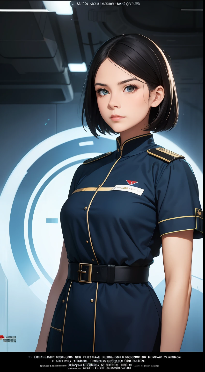 Science Fiction,Sci-Fi,Sci-Fi Movies,Movie Posters,Foundation Movie References,Stories about Rebellion,Anti-Government Groups,Politics,War,25-Year-Old Woman,Adult,Dark Blue Water-Colored Eyes,Black Bob Short Hair,1945 Doctor Gown,Fully Dressed,Polite Dress,Serious Face,Realistic Face Resolution,Realistic,Object Resolution