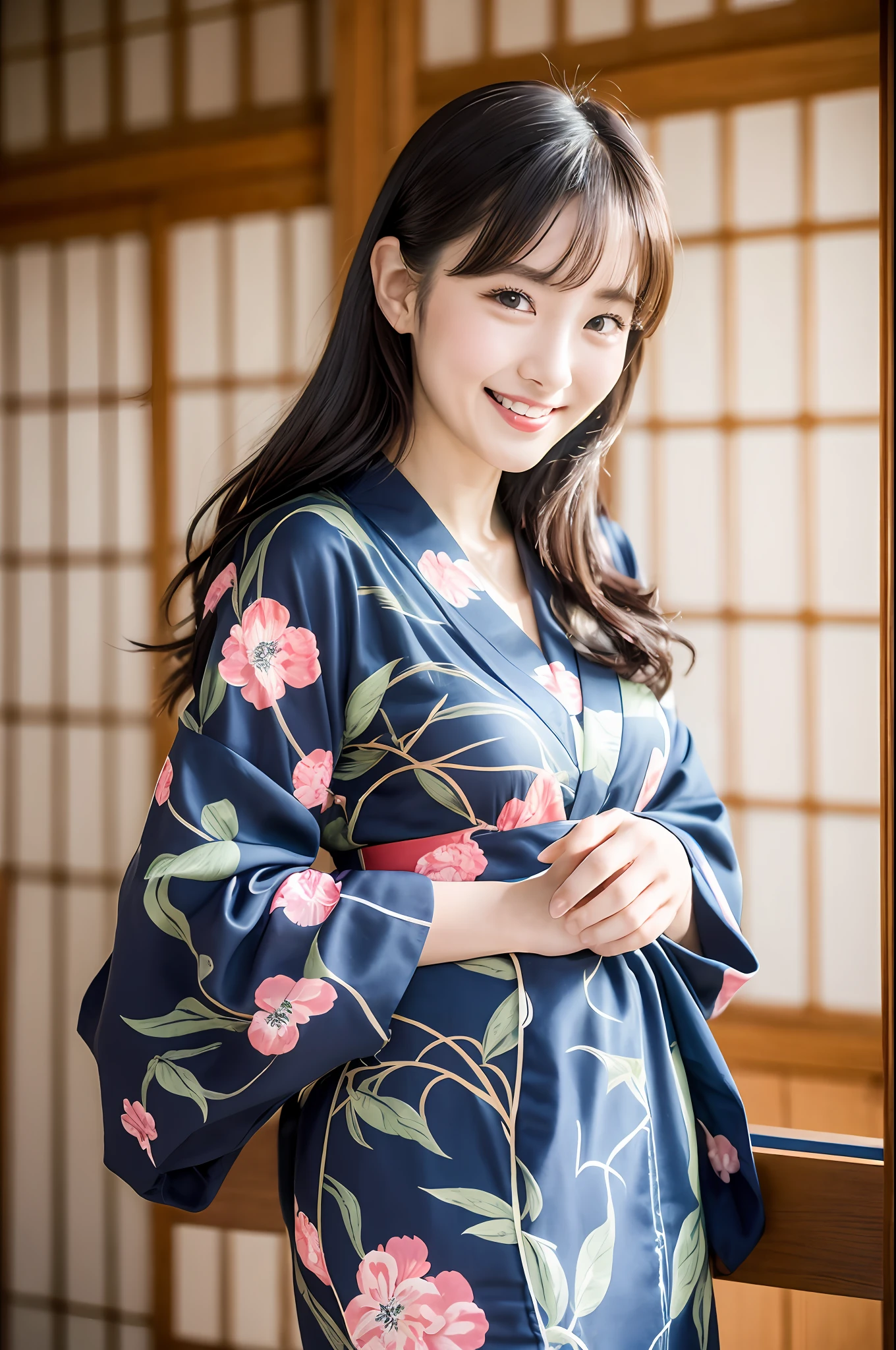 (Top Quality, 8k, 32k, Masterpiece, UHD: 1.2), 1 Girl, Beautiful Japan Woman, Slender Waist, Beautiful Woman with Perfect Style: 1.4, Big: 1.3, Fine Face, Smile, Ryokan, Yukata, Table Tennis