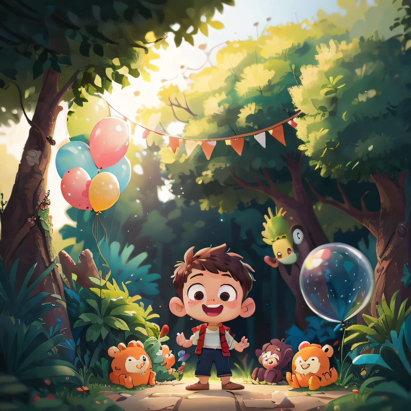 A boy, zoo, many balloons, happy, happy, perfect quality, clear focus (clutter - home: 0.8), (masterpiece: 1.2) (realistic: 1.2) (bokeh) (best quality) (detailed skin: 1.3) (intricate details) (8K) (detail eyes) (sharp focus), (happy)