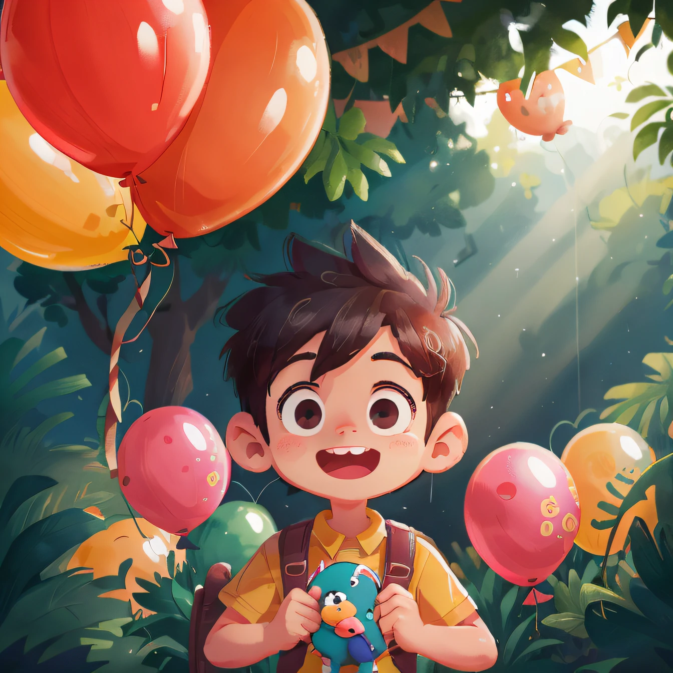 A boy, zoo, many balloons, happy, happy, perfect quality, clear focus (clutter - home: 0.8), (masterpiece: 1.2) (realistic: 1.2) (bokeh) (best quality) (detailed skin: 1.3) (intricate details) (8K) (detail eyes) (sharp focus), (happy)