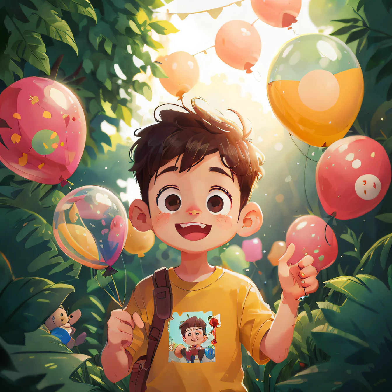 A boy, zoo, many balloons, happy, happy, perfect quality, clear focus (clutter - home: 0.8), (masterpiece: 1.2) (realistic: 1.2) (bokeh) (best quality) (detailed skin: 1.3) (intricate details) (8K) (detail eyes) (sharp focus), (happy)