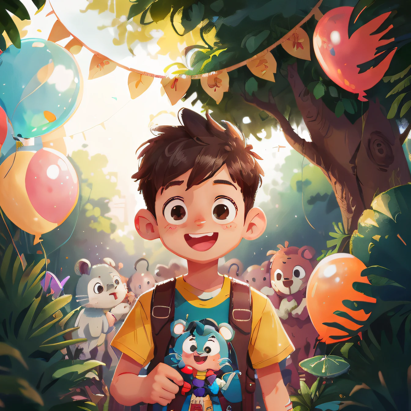 A boy, zoo, many balloons, happy, happy, perfect quality, clear focus (clutter - home: 0.8), (masterpiece: 1.2) (realistic: 1.2) (bokeh) (best quality) (detailed skin: 1.3) (intricate details) (8K) (detail eyes) (sharp focus), (happy)