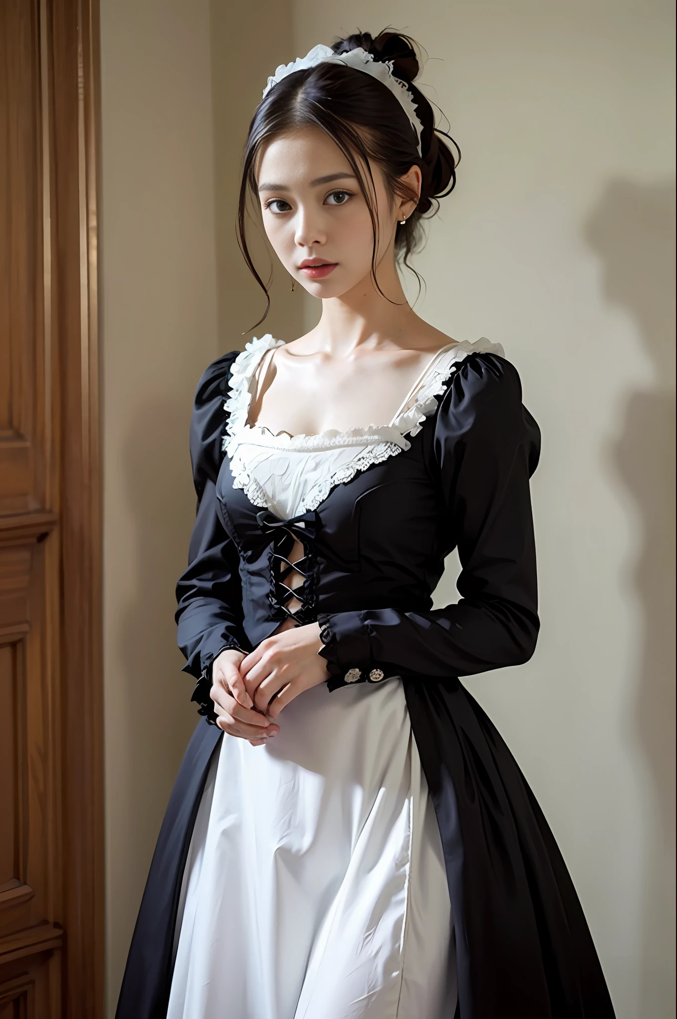 Top quality, masterpiece, ultra-high resolution, (photorealistic: 1.4), raw photo, 1 girl, British maid, ruffled maid headband, ponytail, braided hair, black dress in Victorian style, ribbon tie, white apron, long skirt, puffed sleeves, white silk socks, black strap shoes, radiant skin, polite standing with straight legs, Deep green-gray wallpaper hallway, sitting in a mansion with a solemn construction