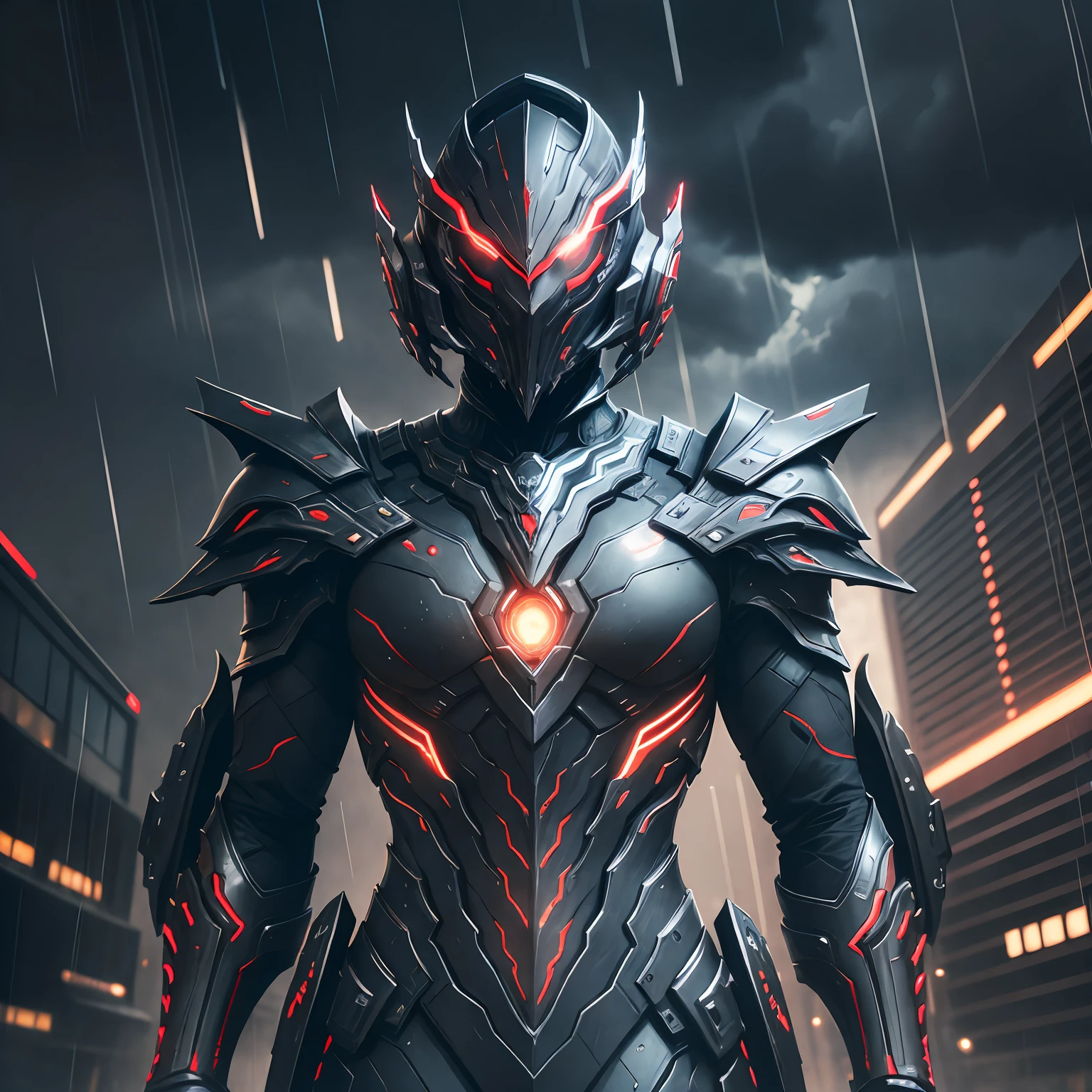 1 japanese girl, WARFRAME, intricate pattern, heavy metal, energy lines, faceless, glowing eyes, elegant, intense, blood red and black uniform, solo, modern, city, streets, dark clouds, thunderstorm, heavy rain,
dramatic lighting,
(masterpiece:1.2), best quality, high resolution,   beautiful detailed, extremely detailed, perfect lighting, --auto