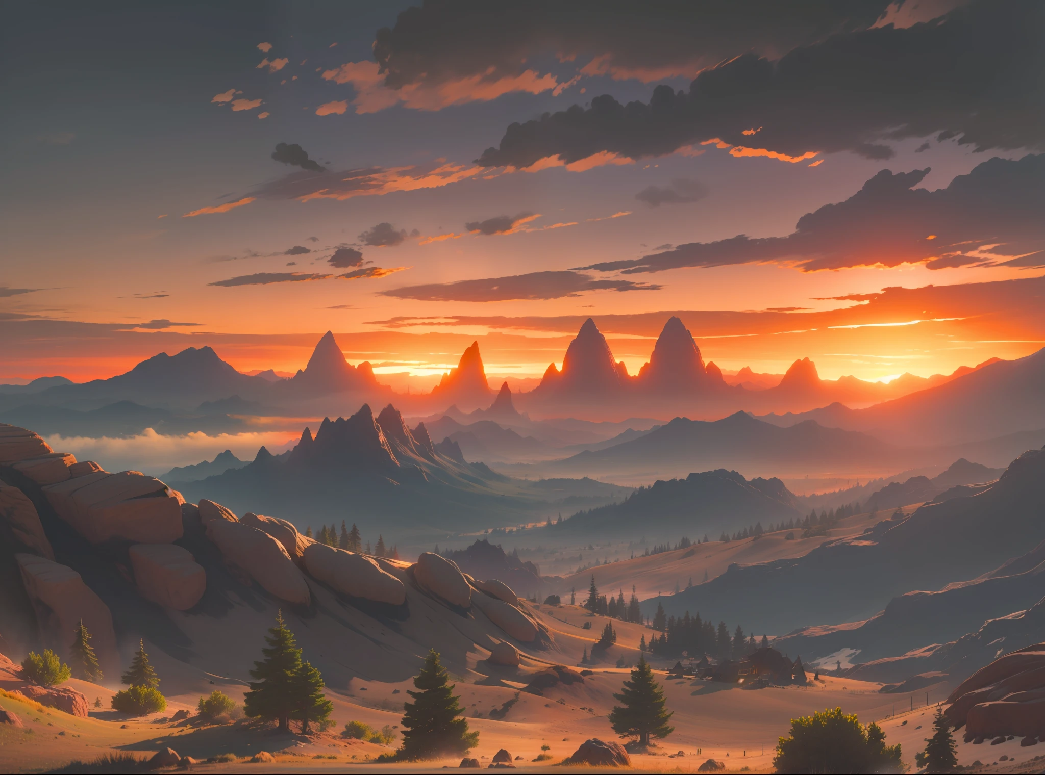 professional scenic photography of {sunset} long-distance, perfect point of view, highly detailed, wide-angle lens, hyper realistic, with dramatic sky, polarizing filter, natural lighting, vivid colors, mountains, all in sharp focus, HDR, UHD, 16K