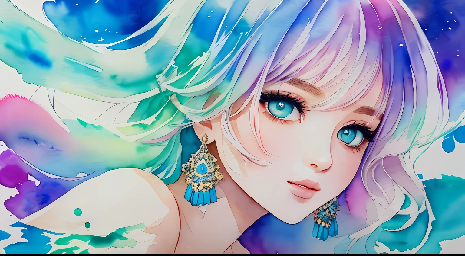 (Best Quality), (Masterpiece: 1.2), (Colorful: 0.9), (Ink Splash), (Color Splash), ((Watercolor)), Sharp Focus, (Portrait Summer Goddess: 1.5), Cute Look, Elegant Pastel Haircut, Beautiful and Detailed Face and Eyes, Elegant Clothes, Summer Sea Background, Colored Water