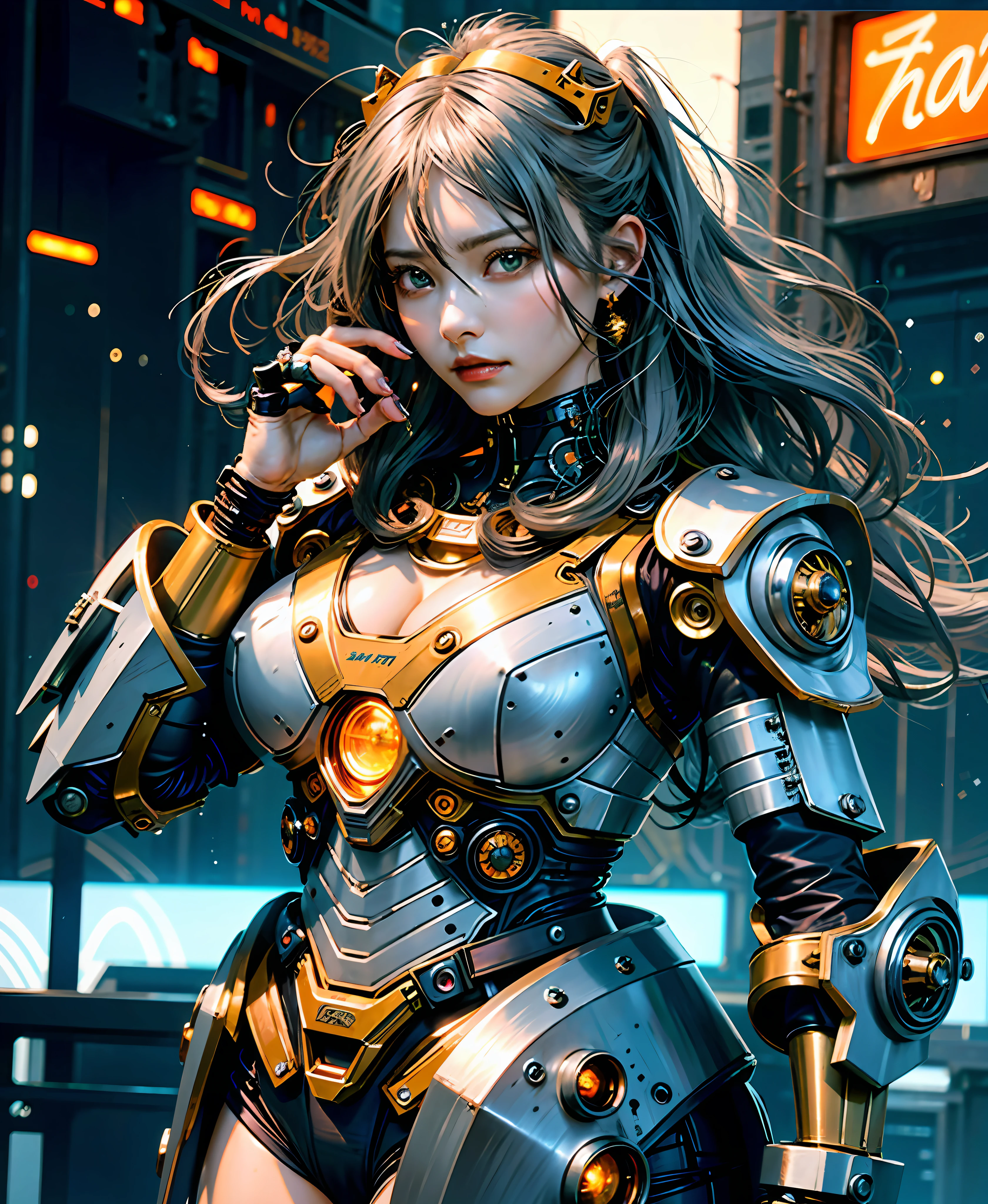 Gray hair, long fluttering hair, strong wind, orange eyes, shining eyes, steampunk girl, big, face, chest and thighs raw, cleavage visible. Photoreal, Portfolio, Fine LED, Golden Metal Mech Suit, Cyberpunk, Metallic, Aggregate of Small Parts, Detailed Mech Parts, Bundle of Thin Tubes, Metal Cylinder, Detailed Neon, Fine LED, Fine Parts