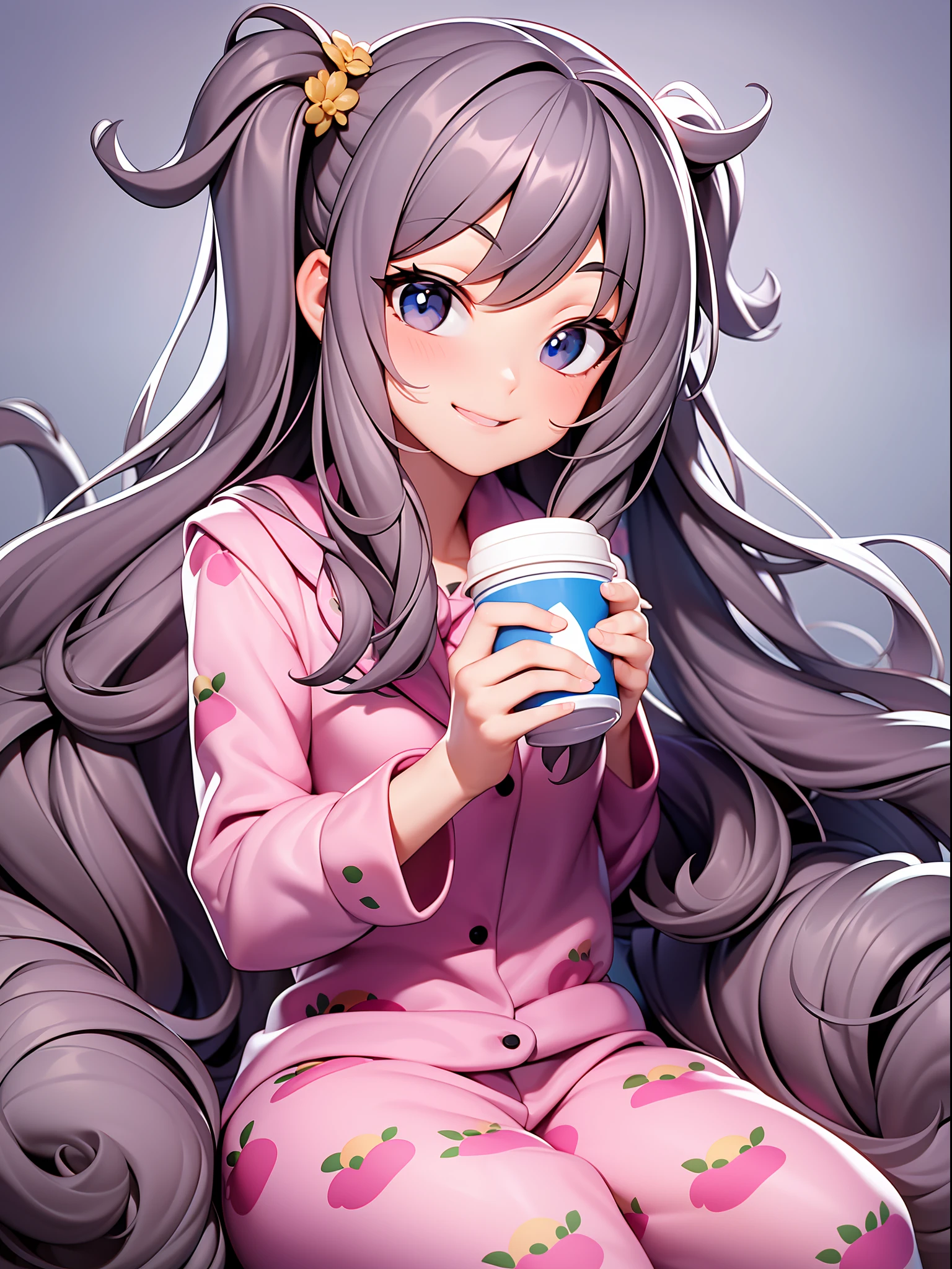 An adorable girl is wearing a cute pajamas, which combines comfort and cuteness. Her pajamas are made of a soft, colorful fabric, with cheerful prints, such as drawings of unicorns, clouds, or cute characters. She's wrapped in a cozy blanket, patterned with her pajamas. Her hair is messy in a charming way, and she holds a cup of hot chocolate, emanating a delicious aroma. A sweet smile graces the girl's face as she enjoys her moment of relaxation. She can be sitting in a comfortable armchair or lying on your bed, creating a pleasant and welcoming atmosphere.