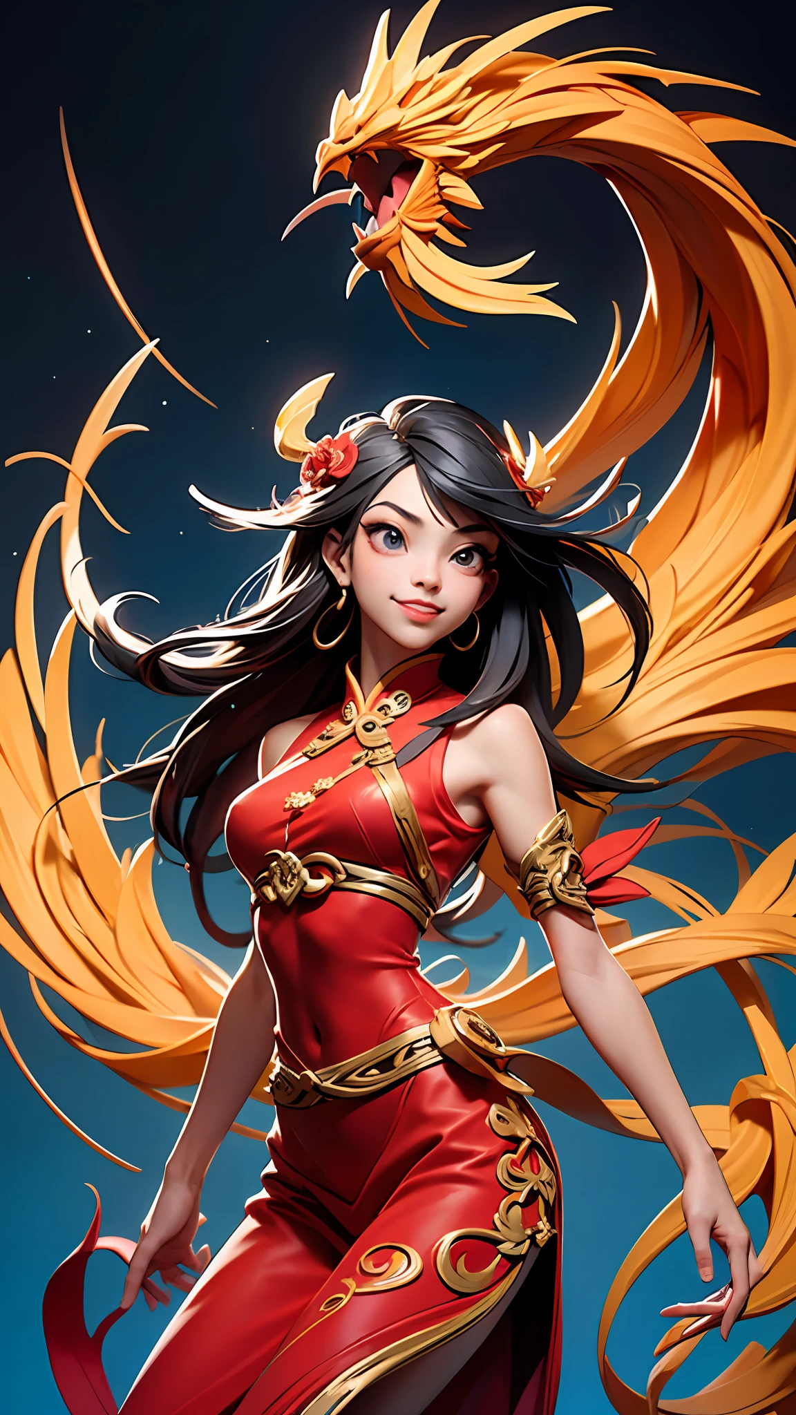 Official Art, Unified 8K Wallpapers, Ultra Detailed, Beautiful and Aesthetic, Masterpiece, Best Quality, (Zentangle, Tangle, Entangle), (fractal art: 1.4), 1girl, black hair, Chinese, bare shoulders, short skirt, calf, navel, very detailed, dynamic angle, cowboyshot, (most beautiful form chaos), flowing, (bright colors), oc, (half: 1.2), china, (thangka flying sky: 1.5), (ribbon: 1.3), (dream: 1.5), (hanfu: 1.5), Chinese dragon, Chinese phoenix, (smile: 0.5), (Chinese deity),