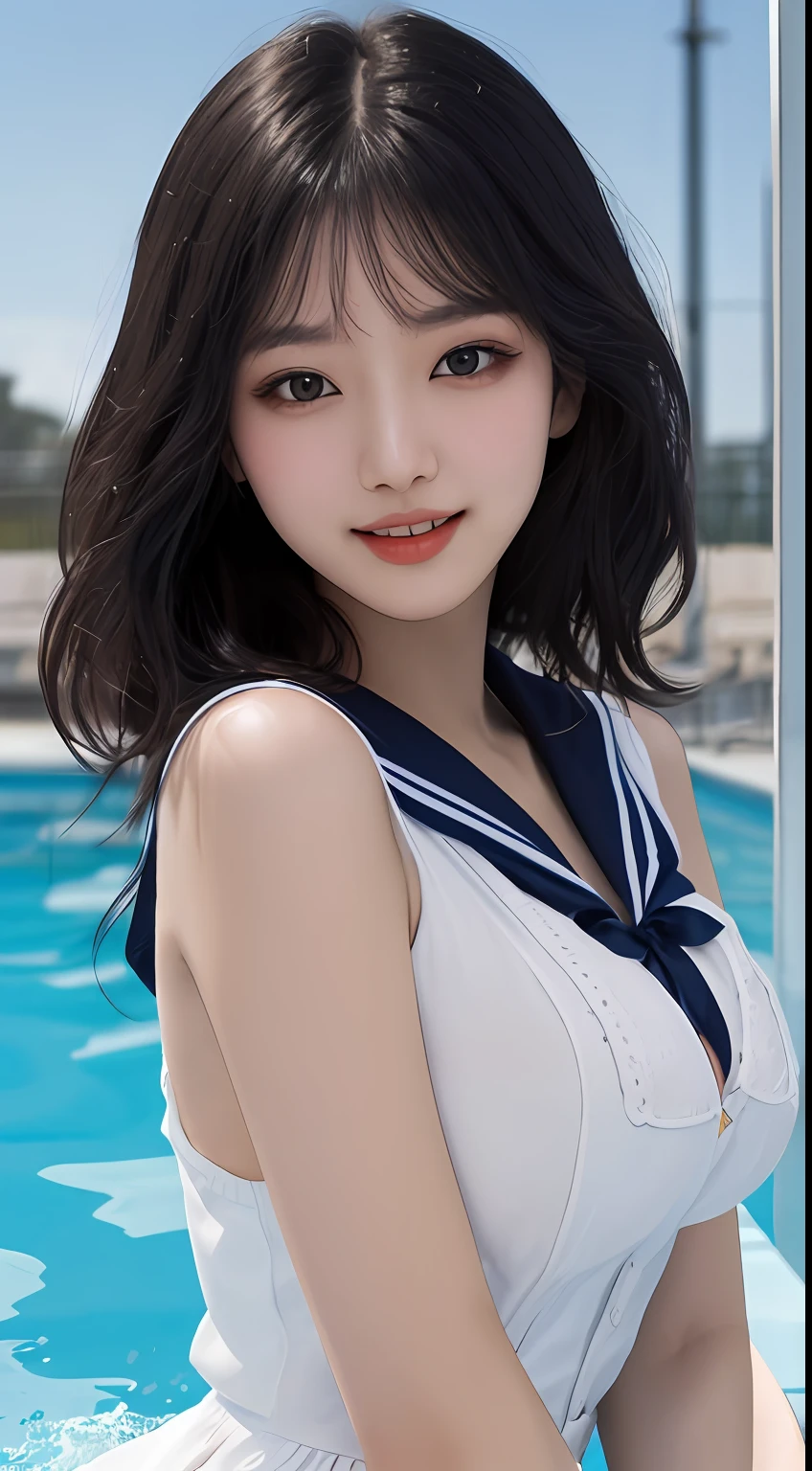 (Best quality, Masterpiece: 1.2), (High resolution: 1.2), (Soft saturation: 1.5), (Beautiful skin: 1.2), (Big breast: 1.2) (Soft focus: 1.5), (Super detailed background, detailed background), girl, idol, big breast, full body, smile, composition is symmetrical, short black hair, (big breast: 1.5), (thin lips: 1.4, small lips: 1.4), big eyes, white skin, messy hair, stylish sailor suit, in the pool, bracelets, multiple perspectives
