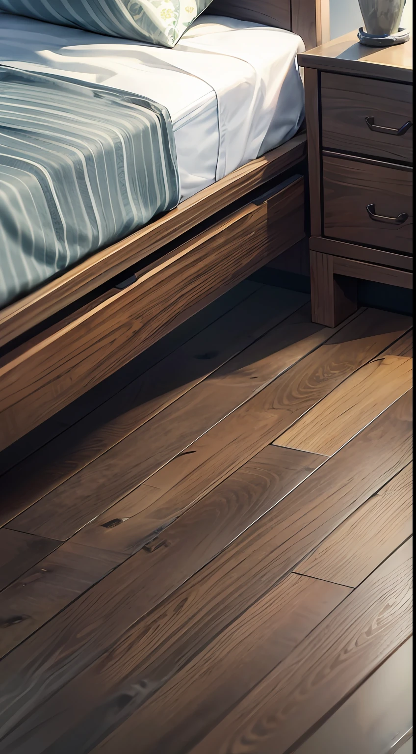 Empty bedroom, bedside, Japanese anime style, close-up, wooden floor, close-up