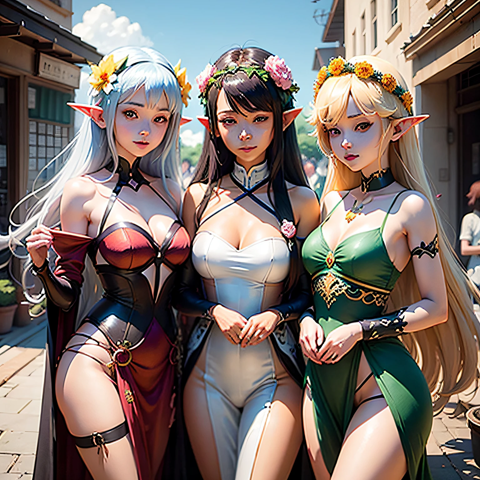 A group of anime characters with long hair and flower crowns, WLOP and Sakimichan, two beautiful anime girls, fantasy style anime, elf girls in flower costumes, jazz and Rossdraws, anime fantasy illustrations, pixiv, maple leaf island, Loish and WLOP, epic story of the sevent sisters, anime visuals, digital art on pixiv --auto