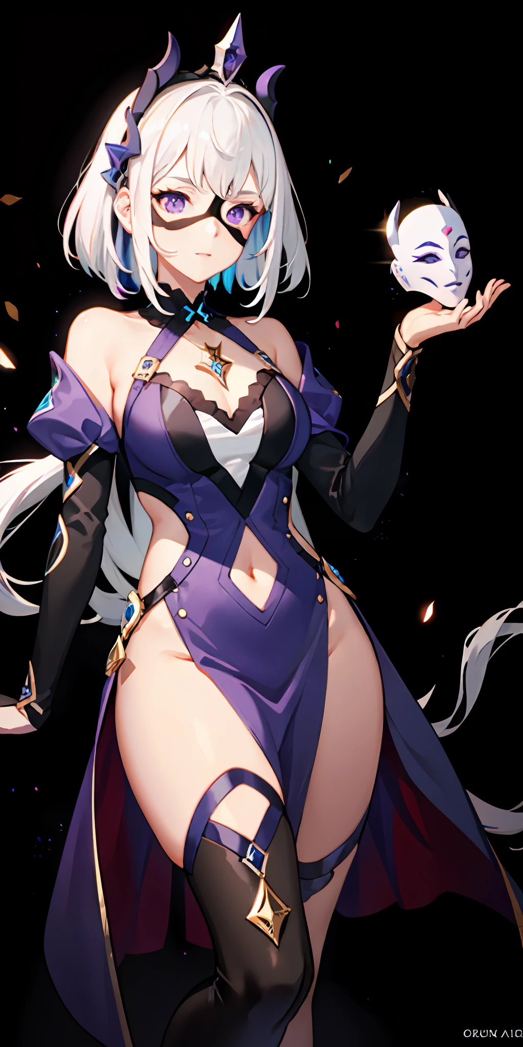 1girl, white hair, multicolored hair, purple eyes, mask on head, sidelighting, light particles, wallpaper,