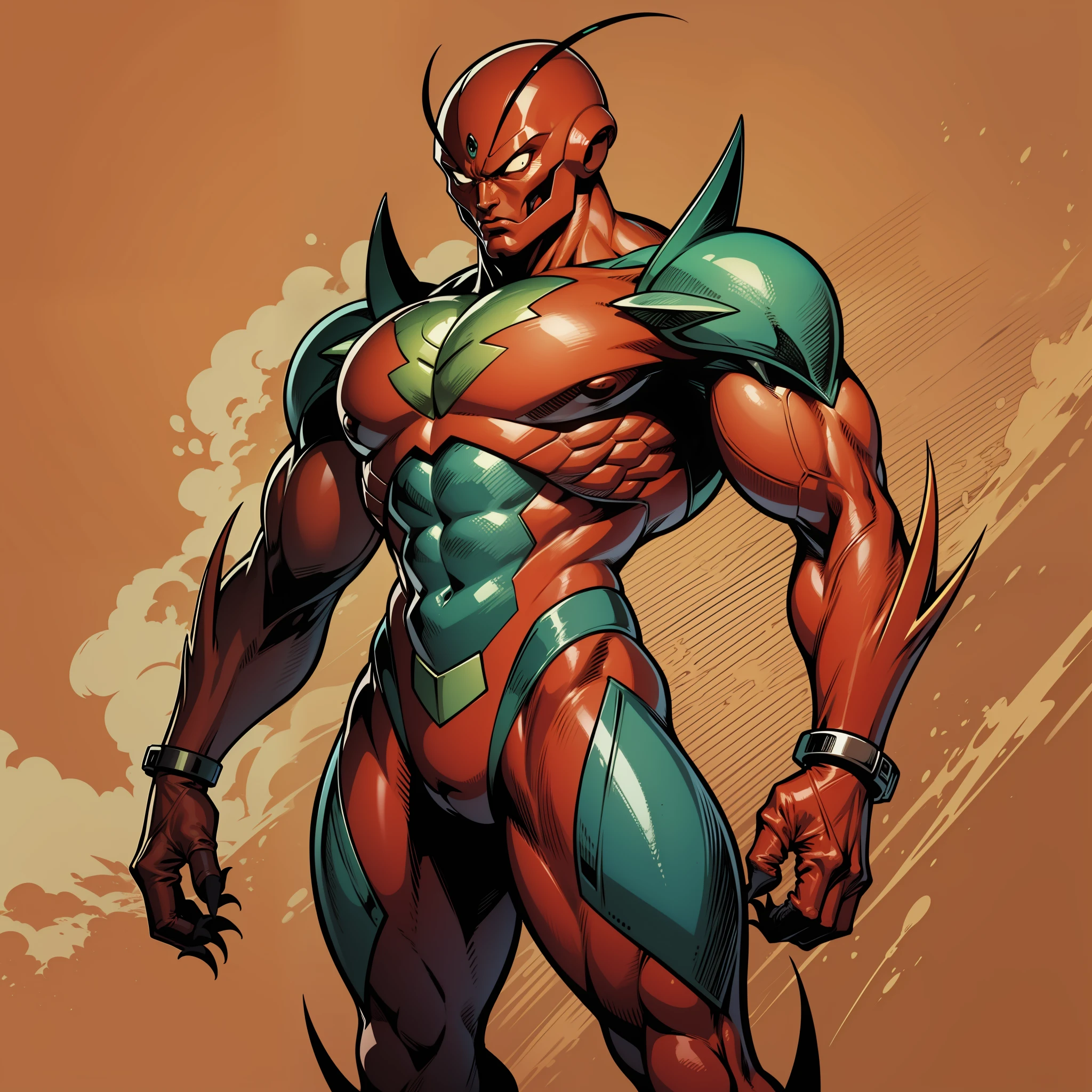An unusually developed muscular body, a cartoon alien with claws and a red body, wearing a beetle shell, cel-shaded, Guyver style,
