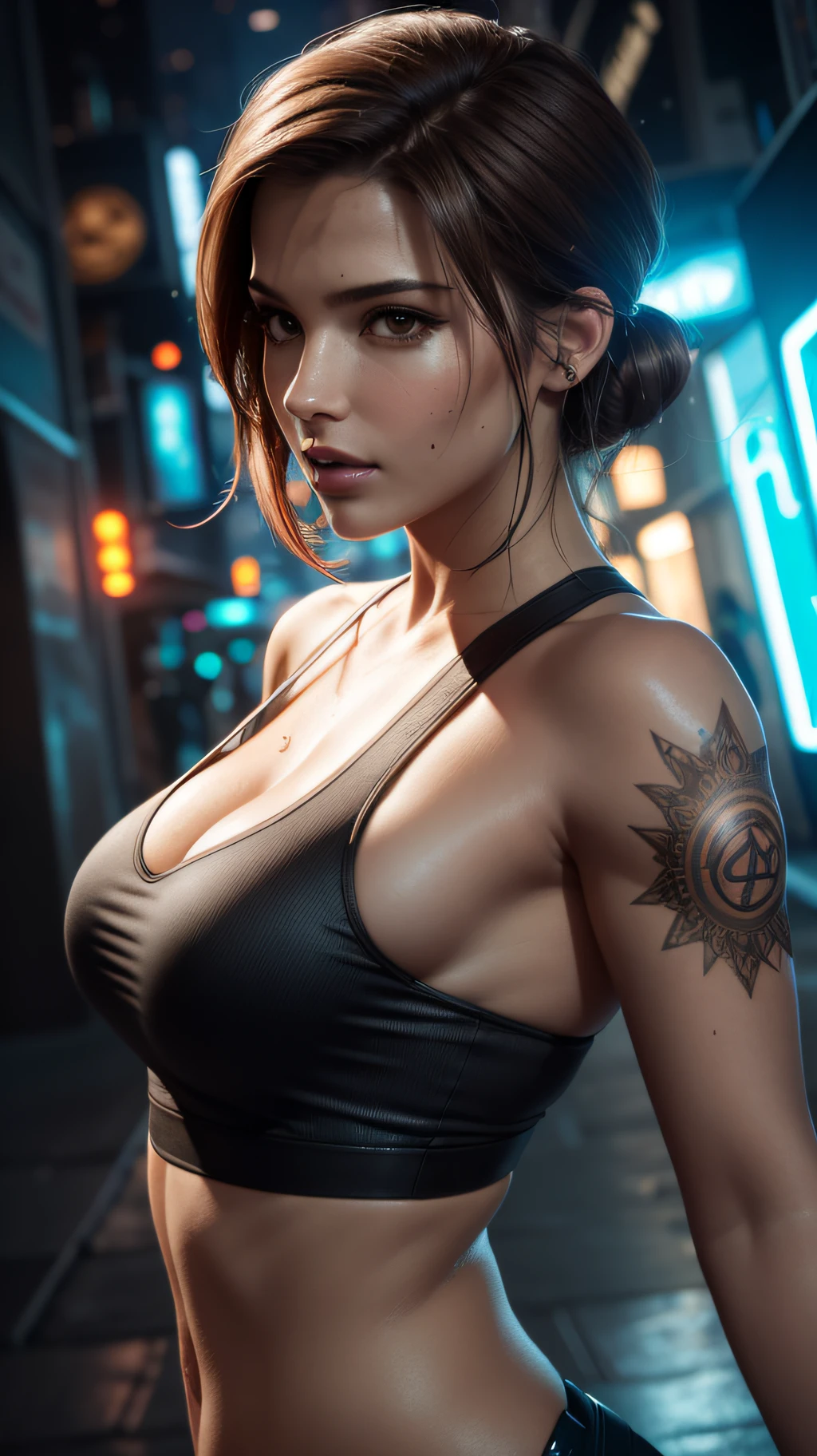 Close-up of a Beautiful milf, small breasts, short flowing brown hair, wearing an intricately detailed futuristic tomb raider outfit, futuristic city street, dynamic lights, action pose, smoky, 8k, highres