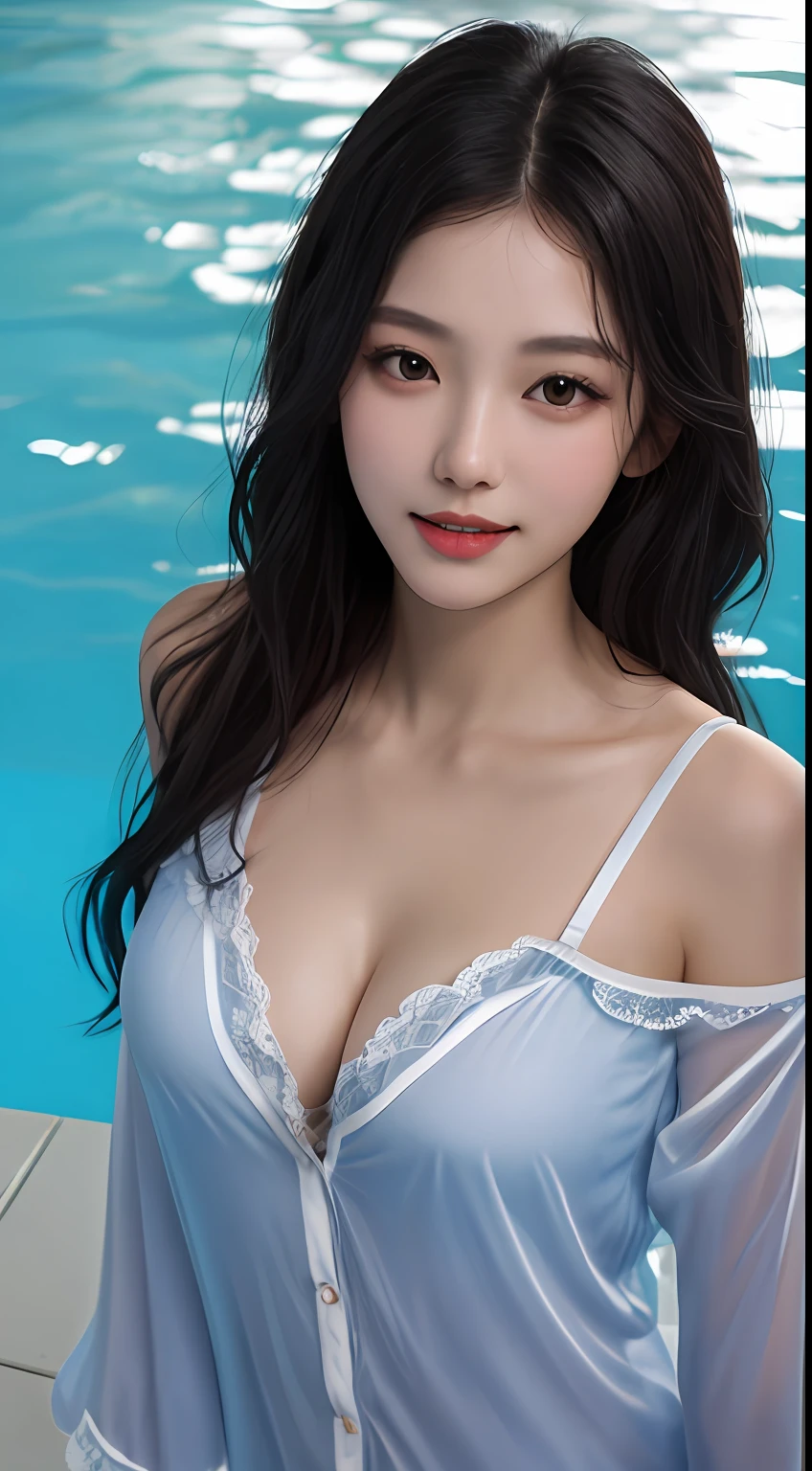 (Best quality, Masterpiece: 1.2), (High resolution: 1.2), (Soft saturation: 1.5), (Beautiful skin: 1.2), (Big breast: 1.2) (Soft focus: 1.5), (Super detailed background, detailed background), girl, idol, big breast, full body, smile, composition is symmetrical, short black hair, (big breast: 1.5), (thin lips: 1.4, small lips: 1.4), big eyes, white skin, messy hair, transparent pajamas, in the pool, bracelets, multiple perspectives