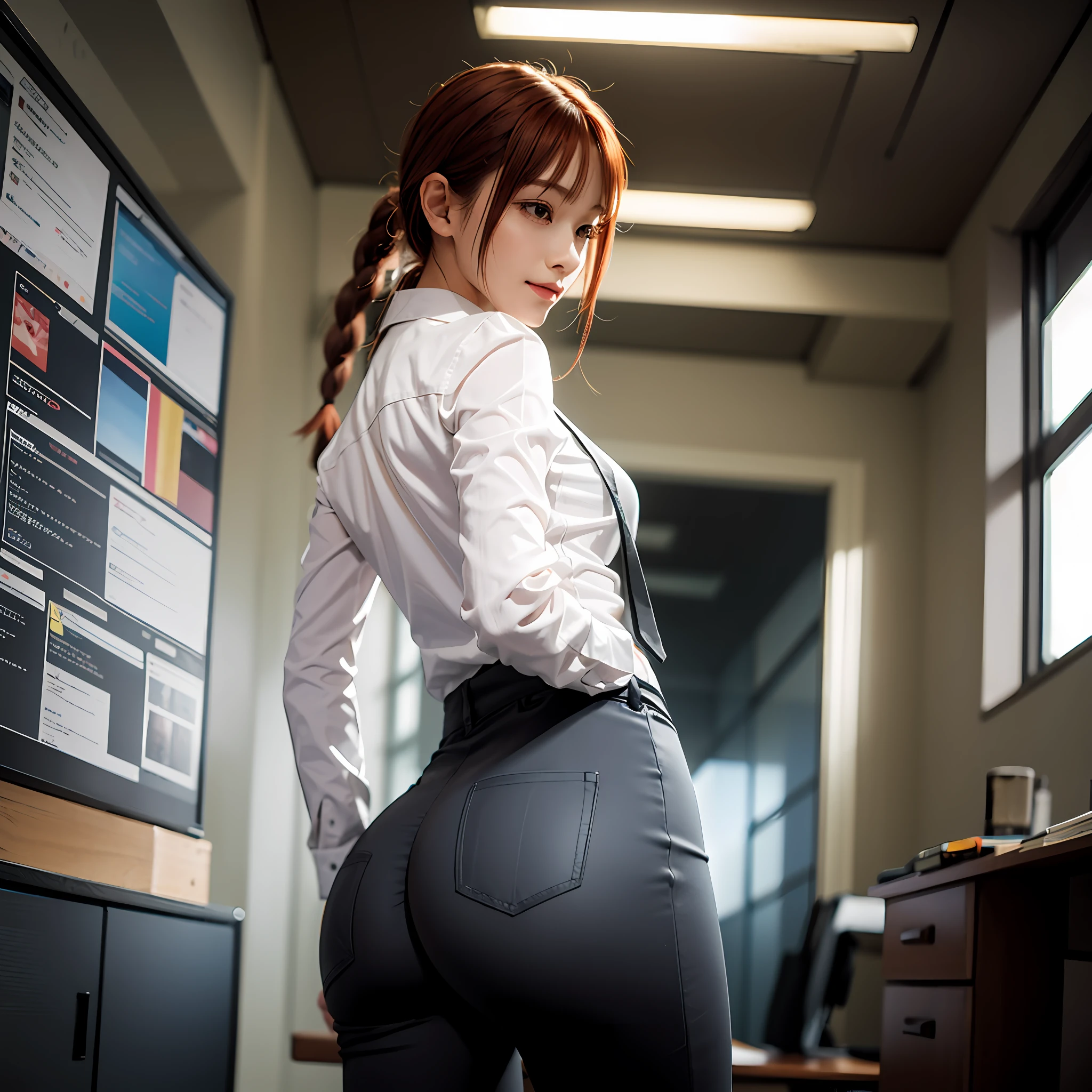 (masterpiece, best quality:1.2), from behind, solo, 1girl, makima, slight pervert smile, closed mouth, looking back, braided ponytail, ringed eyes, white shirt, black pants, bent forward, hands on desk, bent on desk, pervert, ultra detailed, beautiful body, best quality, bright red hair, office pants, necktie, chainsaw man anime, sexy, full body, nice booty, formal, suit, collared_shirt, pants, office, redhead