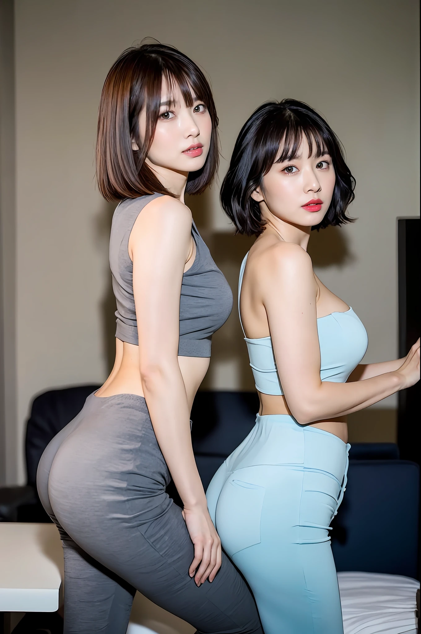 1girl, Ultra Detailed Skin, View, Brown Eyes,Big Eyes, (Shoulder-length Short Hair with Bangs:1.2), (Photorealistic:1.4), (Best Quality:2.0), (Ultra HD:1.0), 8K, (Masterpiece:1.5),Ultra Fine ,(pureerosface_v1:1.5),Button Up Shirt,Grey Suit,Pants,Working Woman,Exposed cleavage,Big,dynamic lighting,skin is shining,pink glowing lipstick,white beautiful skin,(sexual arousal:1.1),office,ass,back to camera,beautiful shape ass,buttocks sticking out towards camera