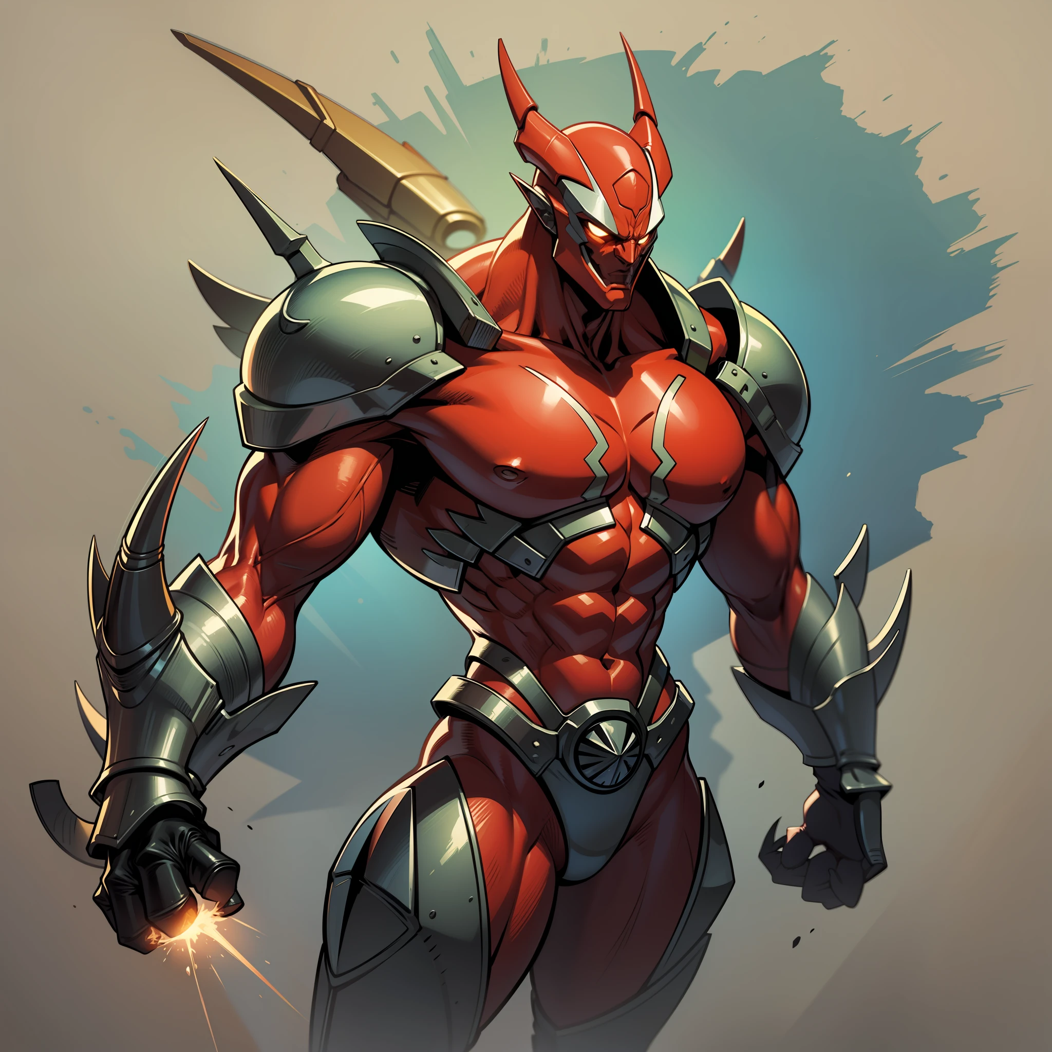 unusually developed muscular body, cartoon aliens with claws and a red body, beetle crustace, celshade, guyver style,