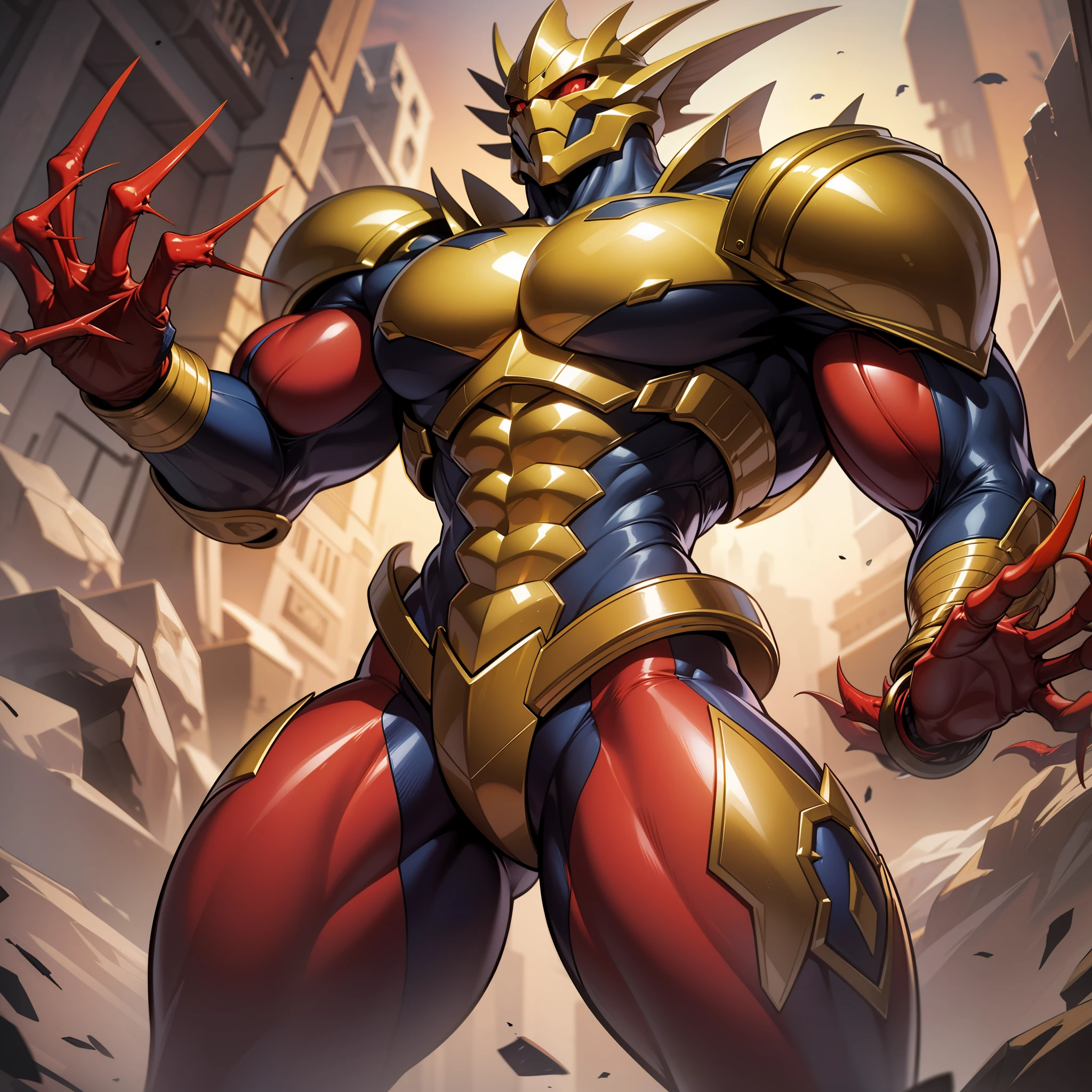 unusually developed muscular body, cartoon aliens with claws and a red body, beetle crustace, celshade, guyver style,