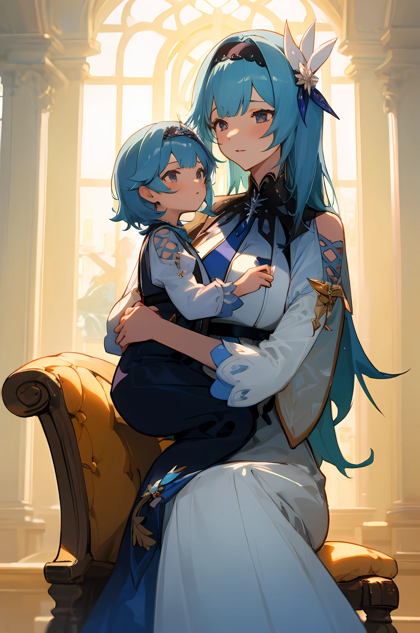 anime image of two women dressed in dress posing for a picture like princess clothing in summer, beautiful decoration on dress, palace a girl in palace, long hair, blue haired , anime fantasy illustration, from the azur lane videogame, genshin, Royal Princess detailed art, two beautiful anime girls, mother and child, symbol of maternal love, mother and child, such as photos of mother and child, Embarrassed, royal castle, sit on the royal chair