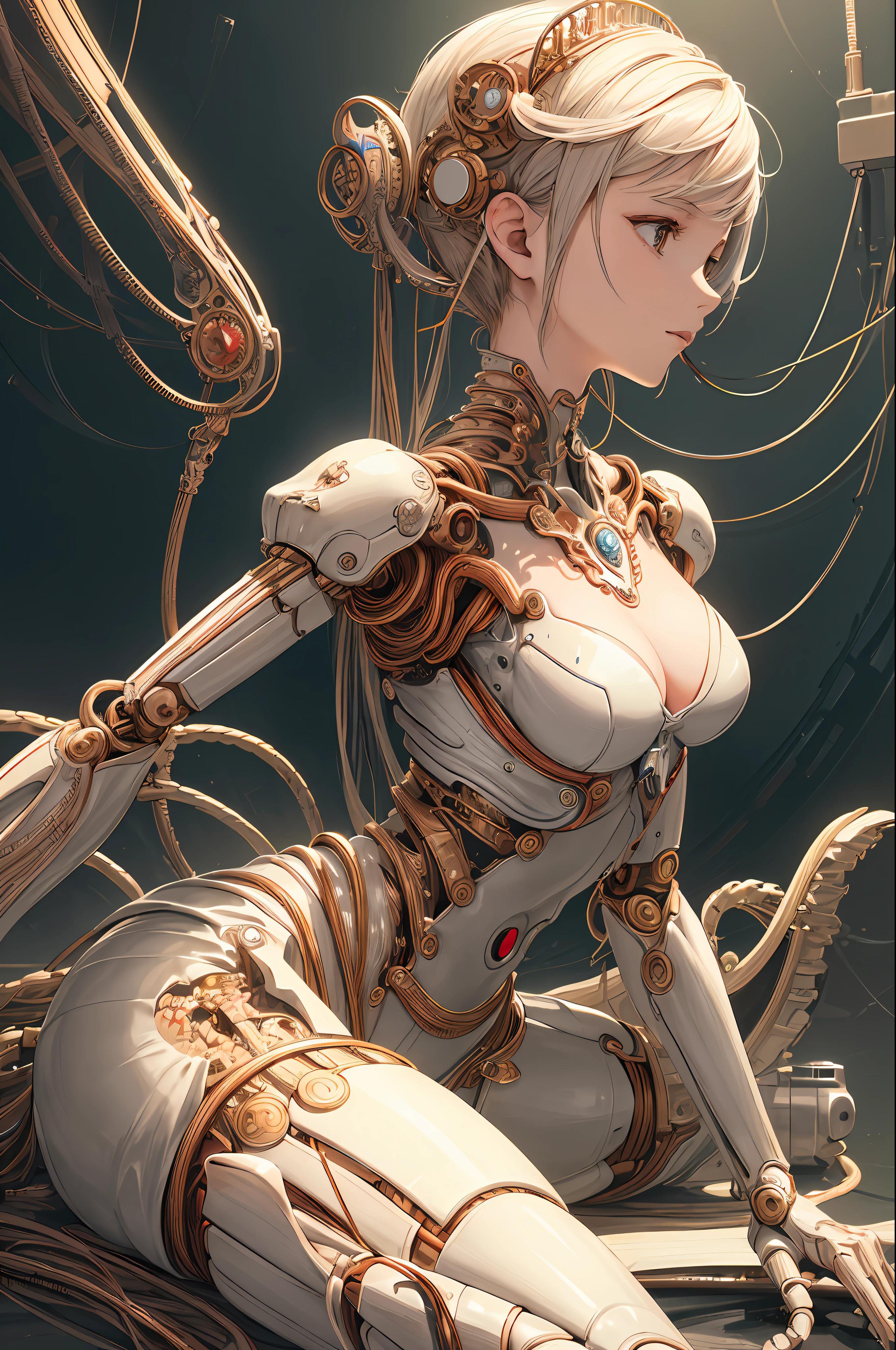 (((masterpiece))), (((best quality))), ((ultra-detailed)), (highly detailed CG illustration), ((an extremely delicate and beautiful)),(from side),cinematic light,((1mechanical girl)),solo,full body,(machine made joints:1.2),((machanical limbs)),(blood vessels connected to tubes),(mechanical vertebra attaching to back),((mechanical cervial attaching to neck)),(sitting),expressionless,(wires and cables attaching to neck:1.2),(wires and cables on head:1.2)(character focus),science fiction,extreme detailed,colorful,highest detailed