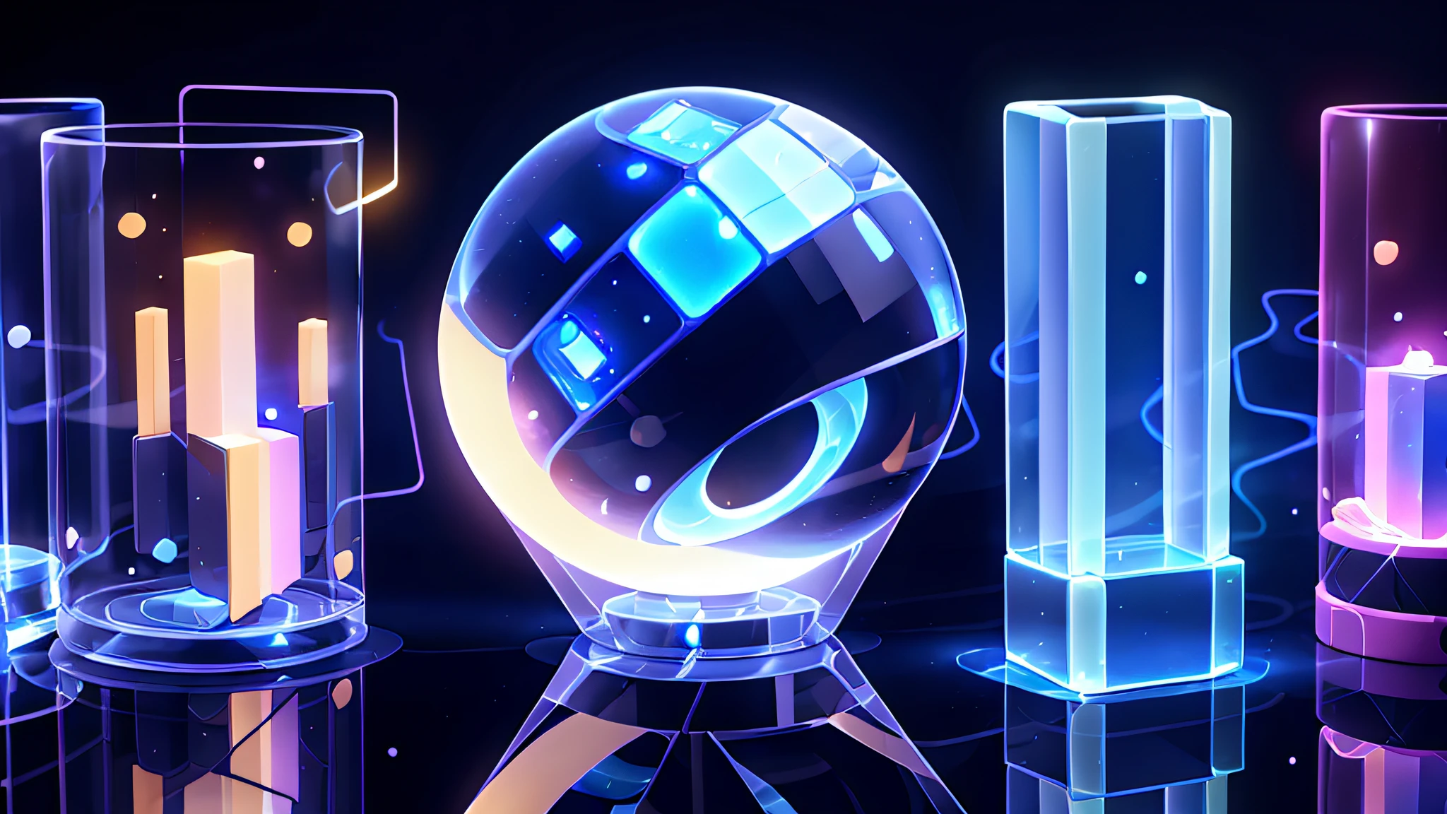 Technology blocks, translucent glass material, sense of technology, blue, multiple blocks connected to each other, luminescence, B-side icons, universe, planet, sense of design