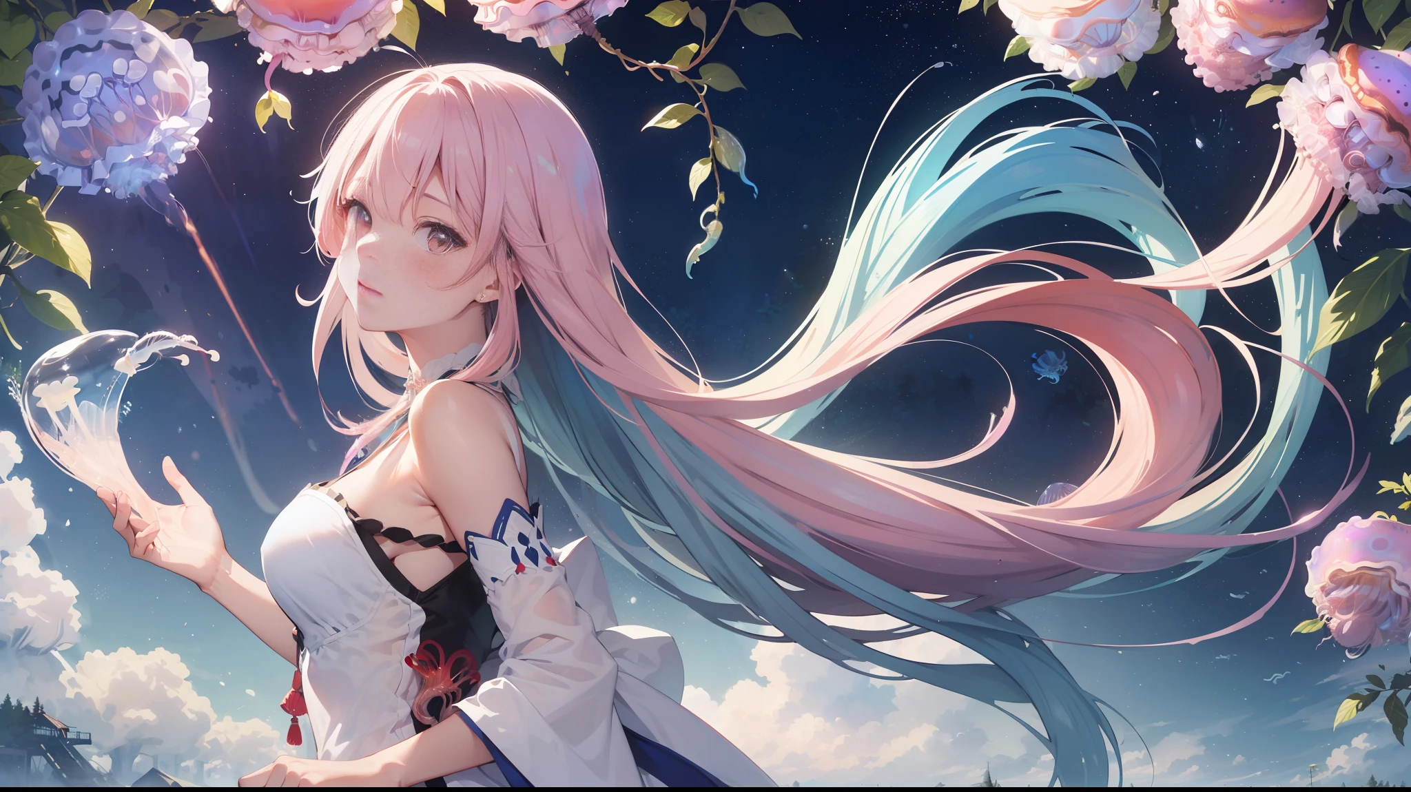 ((masterpiece)), ((best quality)),,(very wide shot:1.3),(ultra-detailed), ((extremely detailed)),full body,(under zero gravity:1.3),(pencil drawing:1.3), (watercolor pencil2:1.6 ), pastel ,(beautiful),high definition,an extremely delicate and beautiful,((best quality)),,colorful,A beautiful woman walks along the banks of a stream in a lush forest, (where colorful many jellyfish:1.3), which emit a pale light at night,( float in the air), She has a beautiful face and shining eyes of vivid colors, (She wears elaborate and delicate ornaments:1.3),( Fantastic forest with small many jellyfish drifting in the air:1.5), luminous on a moonlit night, Detailed drawing, Vivid colors, High image quality,