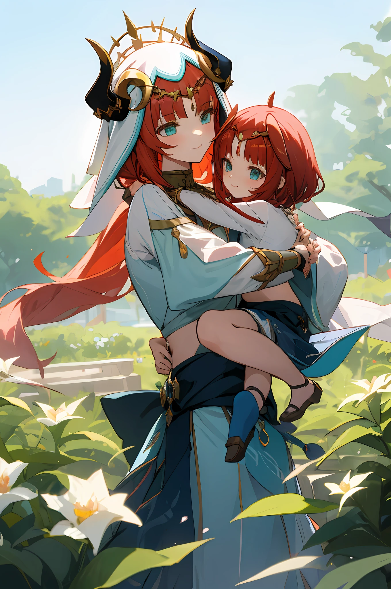 anime image of two women dressed in traditional sumeru clothing in garden full of flowers, palace a girl in hanfu, wlop and sakimichan, red haired deity, characters from azur lane, anime fantasy illustration, from the azur lane videogame, genshin, artwork in the style of guweiz, dance sumeru detailed art, two beautiful anime girls, red hair, mother and , aqua eyes, nilou (genshin impact), fake horns, veil, smile, long hair, crop top, jewelry, horns