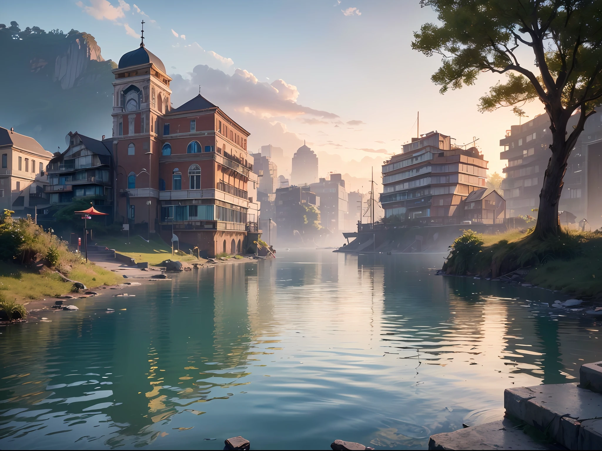 (8k, RAW photo, best quality, masterpiece:1.2), (realistic, photo-realistic:1.37), octane render, ultra high res, ultra-detailed , professional lighting, photon mapping, radiosity, physically-based rendering, ue5, ((island sanctuary)), ((ancient fallen kingdom)), ((reflections in water)), ((raytracing)), ((drowned city))