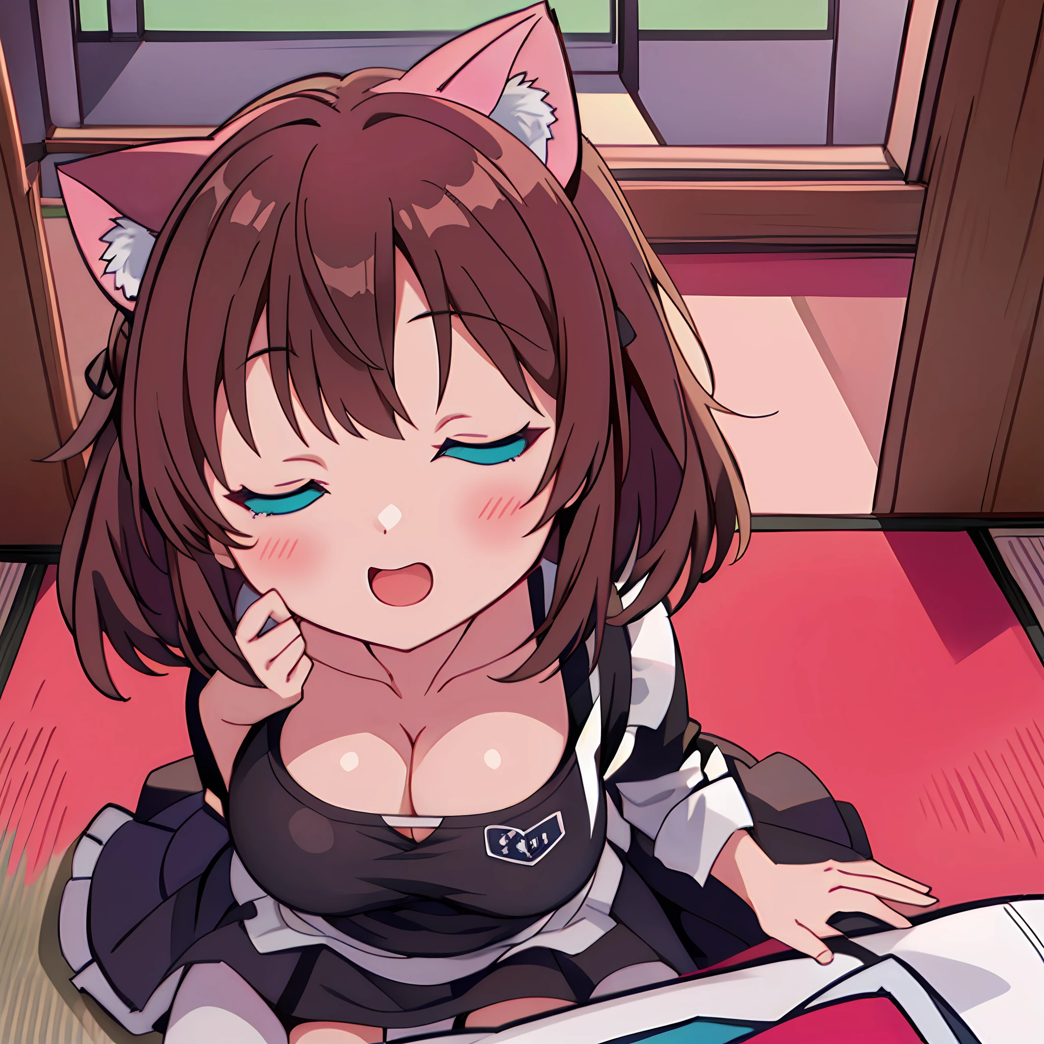 masterpiece, (Best Quality:1.4),(Perfect Anatomy:1.4), High Quality, very_high_resolution, Ultra Detailed, large_filesize, Full Color, Detail, 8K, 4K, High Resolution,Symmetrical,Extraordinary, Best Aesthetics, New, Latest, Very Detailed, Anime, Detailed Beautiful Face and Eyes, Very Detailed Body, Very Detailed Hair Lovely Hands, Perfect Hands, Beautiful Hands, One Girl, Cat Ears, (Big breasts, big looking cleavage, brown hair, trimmed hair semi-long hair, Long sleeves, Sleeping:1.5), (Girl sitting with legs open on 3 tatami mats, sports bra, camisole, cotton panties, school skirt,:1.4), (Dynamic angle, eyes looking away, cowboy shots: 1.2) , (with mouth open, , brown hair, short hair, cat ears, aqua eyes, maid apron, white apron, black pantyhose, slender girl), (apartment of 3 Japan, sunlight, light),