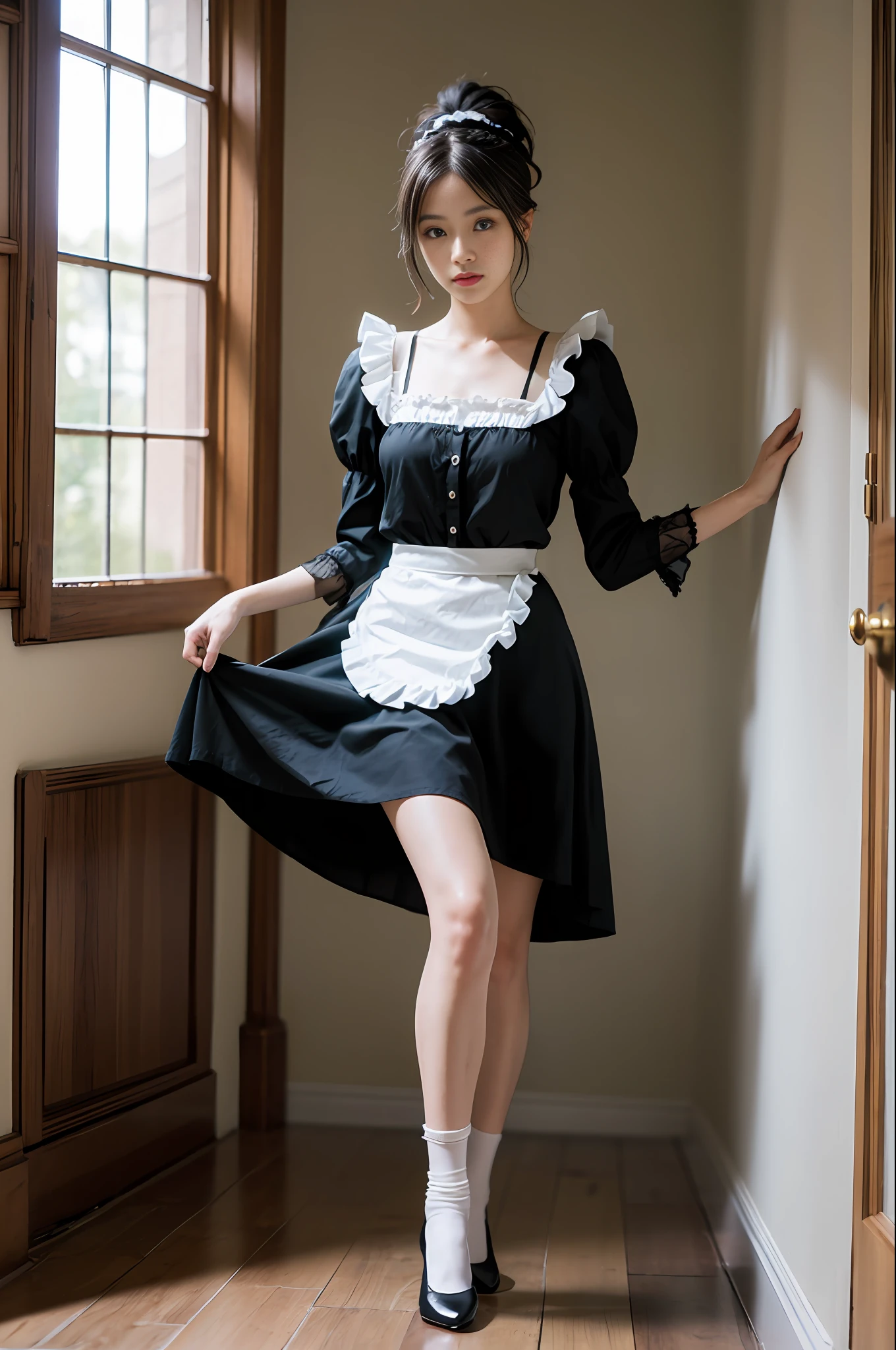 Top quality, masterpiece, ultra-high resolution, (photorealistic: 1.4), raw photo, 1 girl, British maid, ruffled maid headband, ponytail, braided hair, black dress in Victorian style, ribbon tie, white apron, long skirt, puffed sleeves, white silk socks, black strap shoes, radiant skin, polite standing with straight legs, Deep green-gray wallpaper hallway, sitting in a mansion with a solemn construction