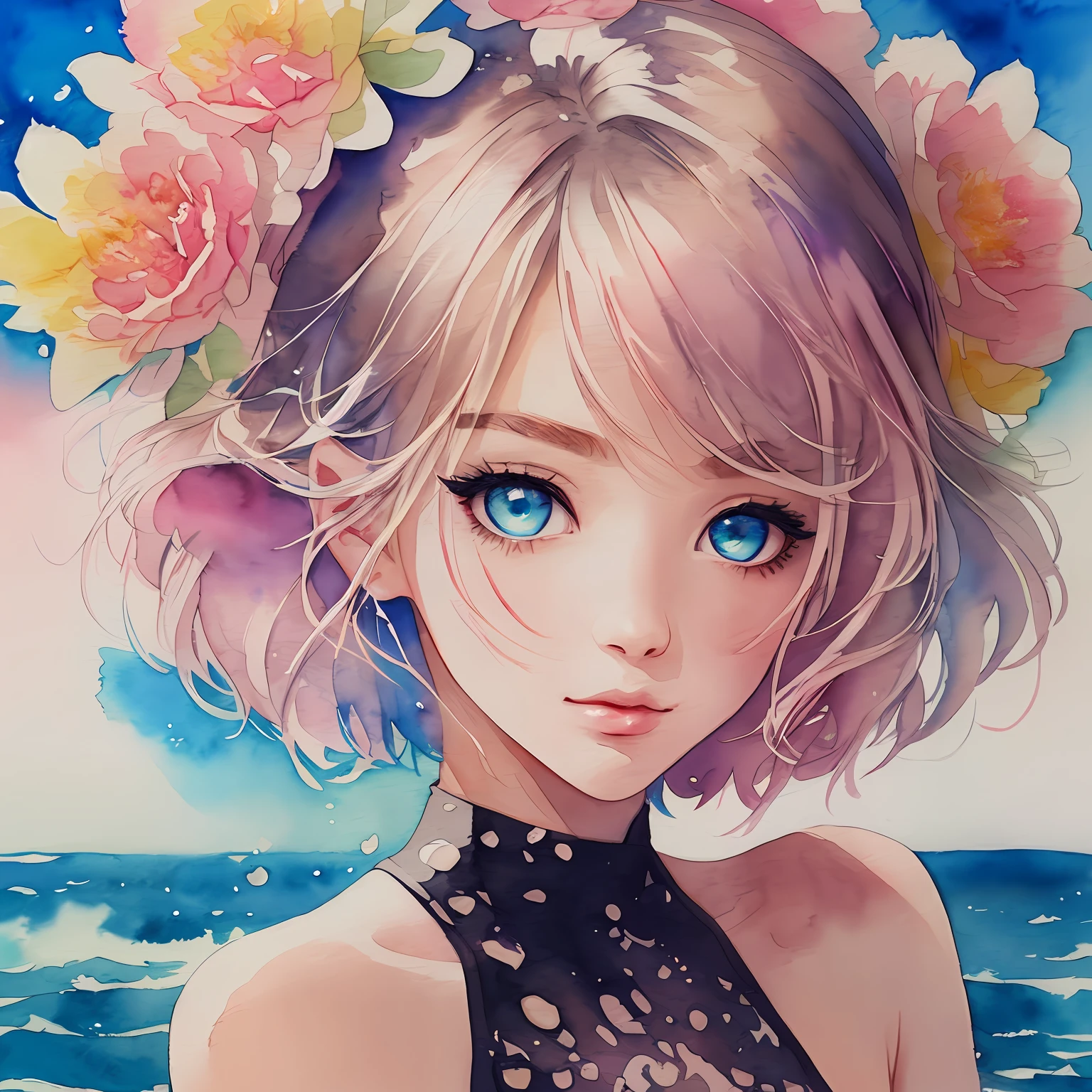 (Best Quality), (Masterpiece: 1.2), (Colorful: 0.9), (Ink Splash), (Color Splash), ((Watercolor)), Sharp Focus, (Portrait Summer Goddess: 1.5), Cute Look, Elegant Pastel Haircut, Beautiful and Detailed Face and Eyes, Elegant Clothes, Summer Sea Background, Colored Water
