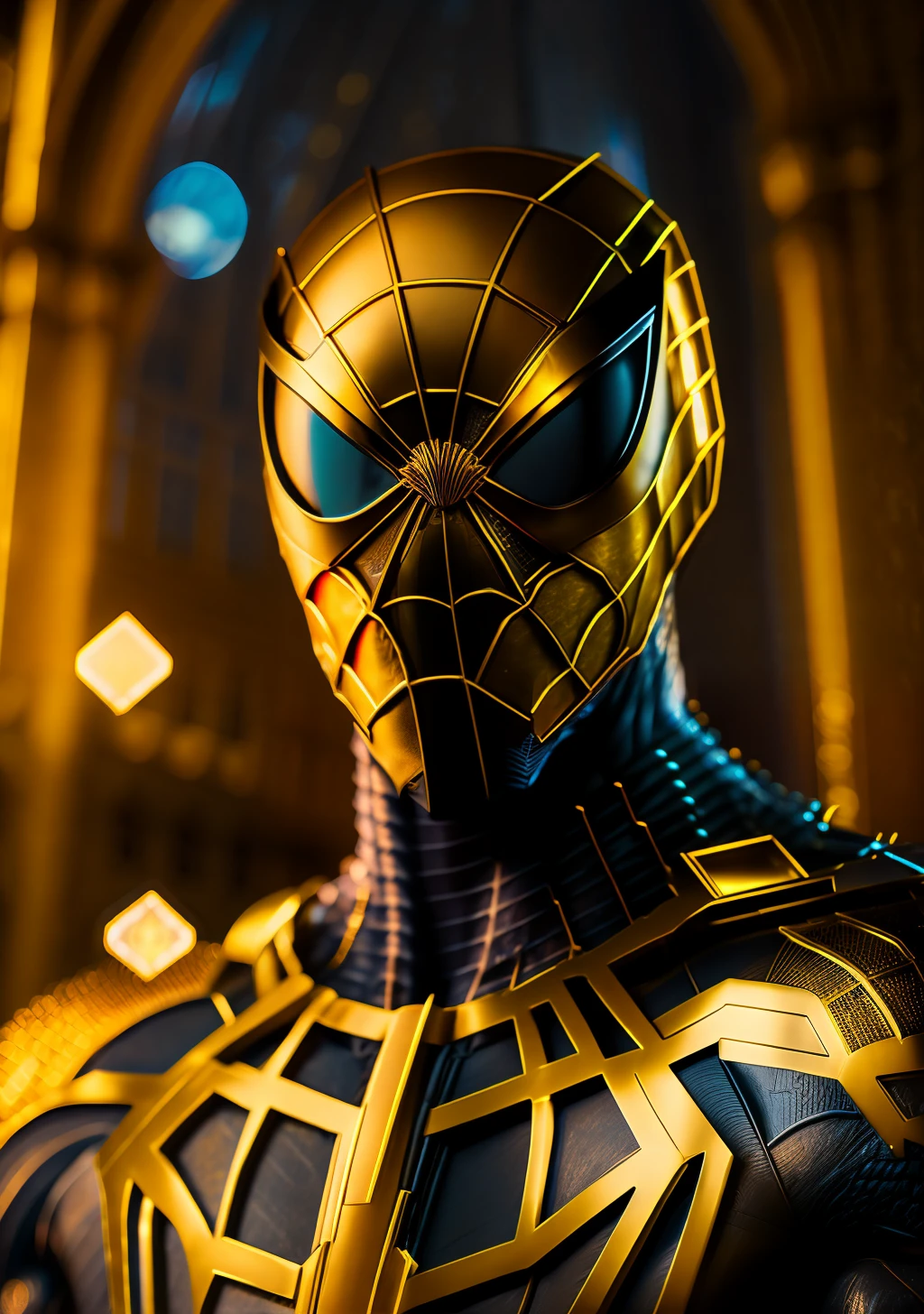 a portrait of gold Spiderman from Marvel, with intricate angular cybernetic implants inside a brutalist building, a gothic brutalist cathedral, cyberpunk, an award-winning photo, bokeh, neon lights