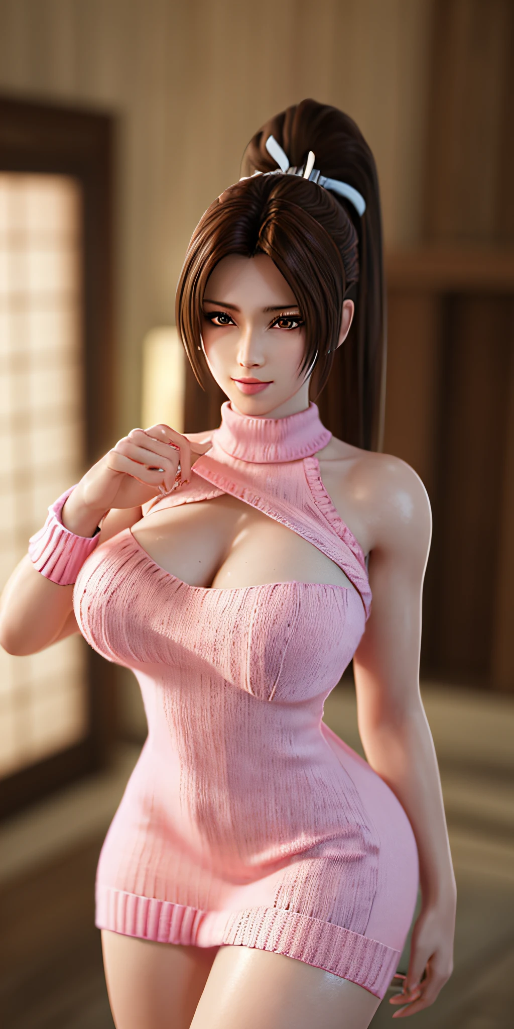 long shot,nighttime,(1girl),MaiShiranui ,jewelry,Brownish red hair,Shy, blushing,see-through,(Pink Mini Knit Dress:1.6),(((sweat ))), (Rose_tattoos :1.2) ,(Masterpiece:1.5),(best quality:1.4),extremely detailed ，3D,Cinema-4D , 8k,Photorealistic ,( Charming female body), (gigantic breasts),Facing the camera, Pink lips,(((Finger details))),Subject centered,(((Extra hands))), (((extra legs))),(((solo))),