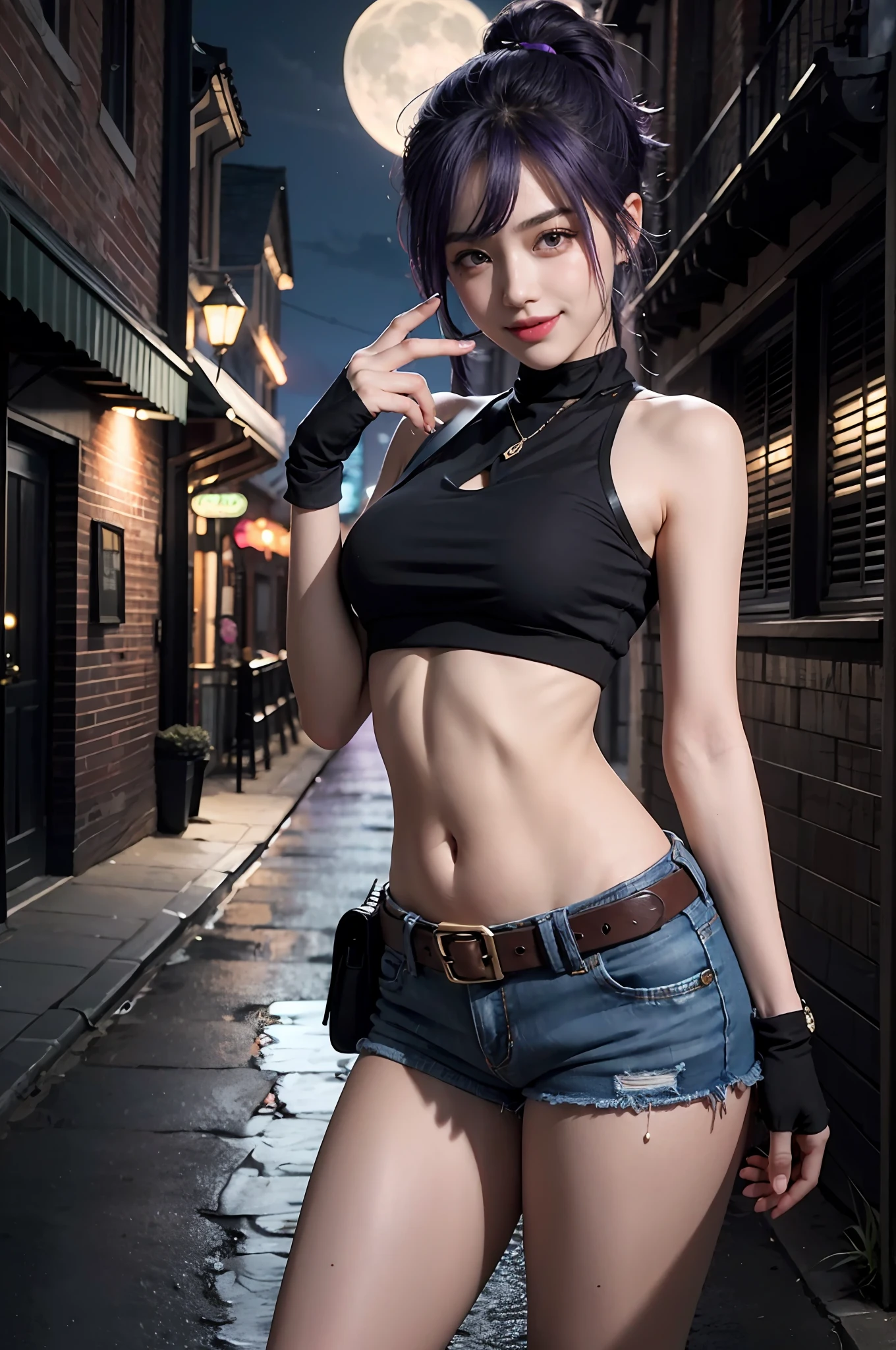 (masterpiece, best quality), 1girl, ponytail, grin, confident, (violet hair:1.4), tattoos, ((black crop top)), denim shorts, brown eyes, fingerless gloves, night street, moonlight, belt, detailed eyes,