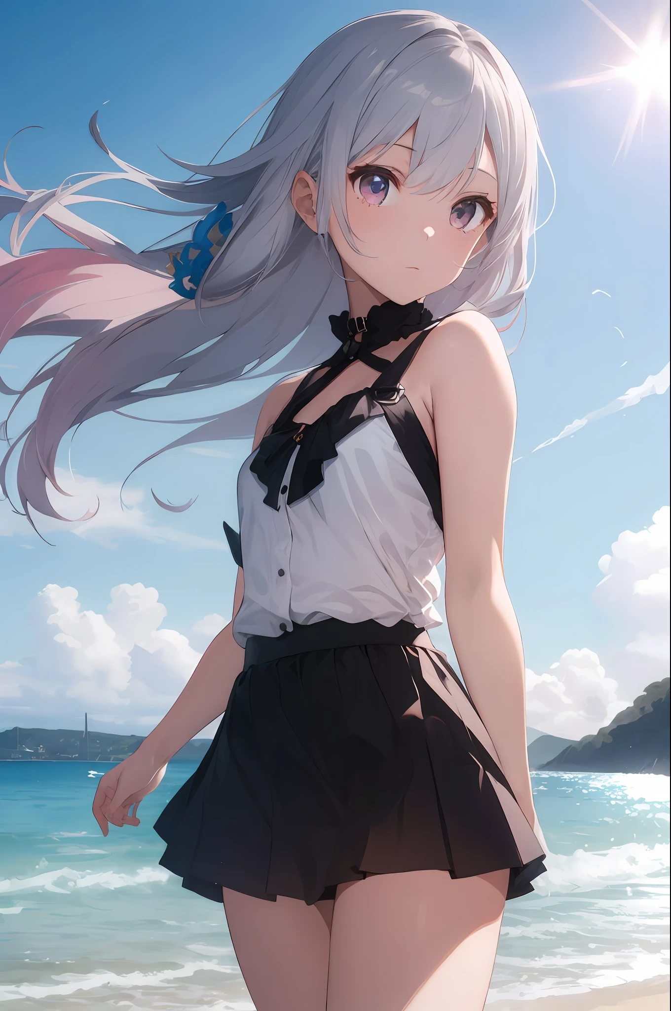 1girl, colorful strands of hair, lustrous skin, angelic, glare, sunshine, silver pink gradient hair, seaside