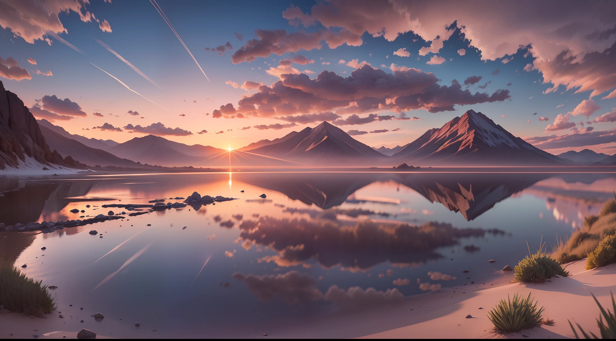 professional scenic photography of {sunset} long-distance, perfect point of view, highly detailed, wide-angle lens, hyper realistic, with dramatic sky, polarizing filter, natural lighting, vivid colors, mountains, all in sharp focus, HDR, UHD, 16K