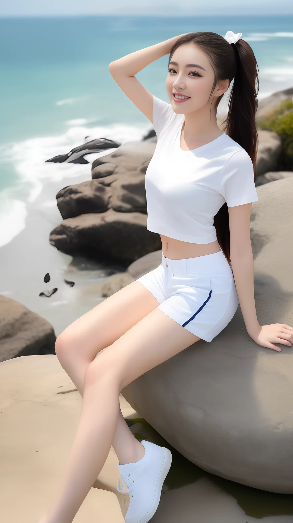 High quality, masterpiece, 8k, (1 girl, 2 ponytails), (sit reclining on a rock, seaside, waves, smile), (professional wear, white t-shirt, butterfly pattern, white shorts, white stockings, white sneakers, thin and breathable material), summer, cool, seawater, waves, Gulangyu, raise right leg, side to the audience