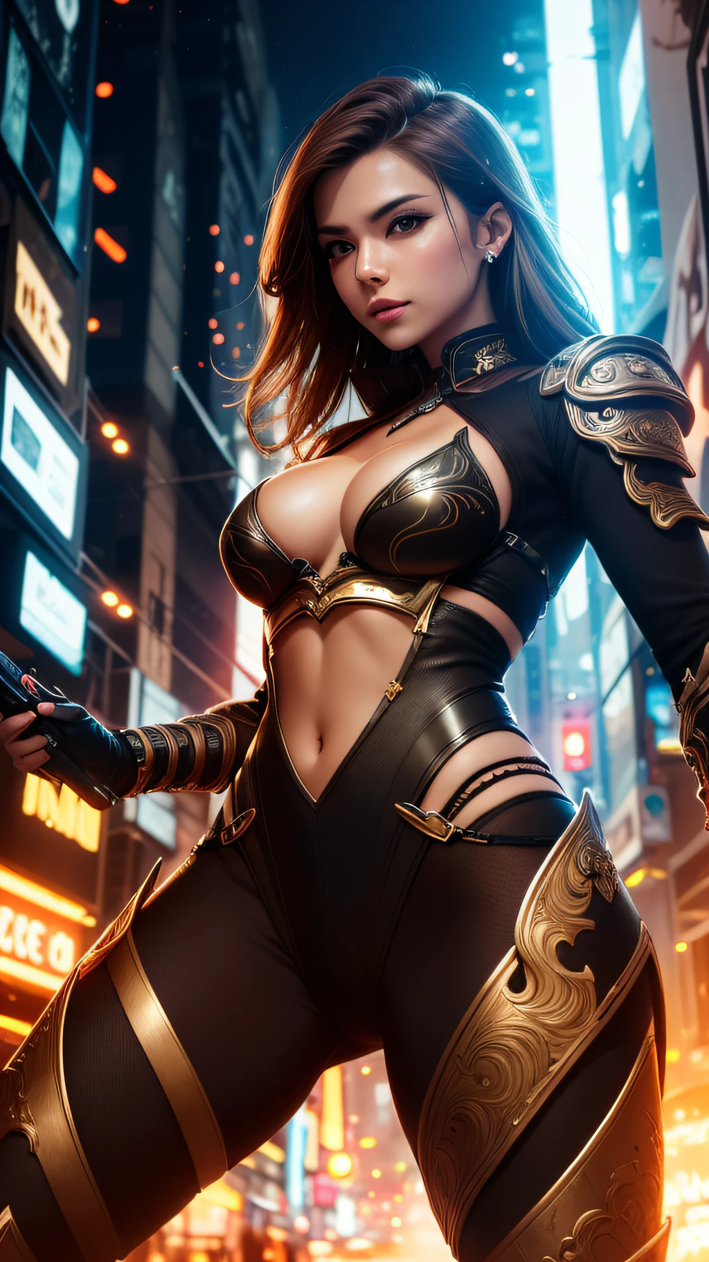 Close-up of a Beautiful milf, small breasts, short flowing brown hair, wearing an intricately detailed futuristic warrior outfit, futuristic city street, dynamic swirling sparks, cinematic lights, action pose, smoky, 8k, highres