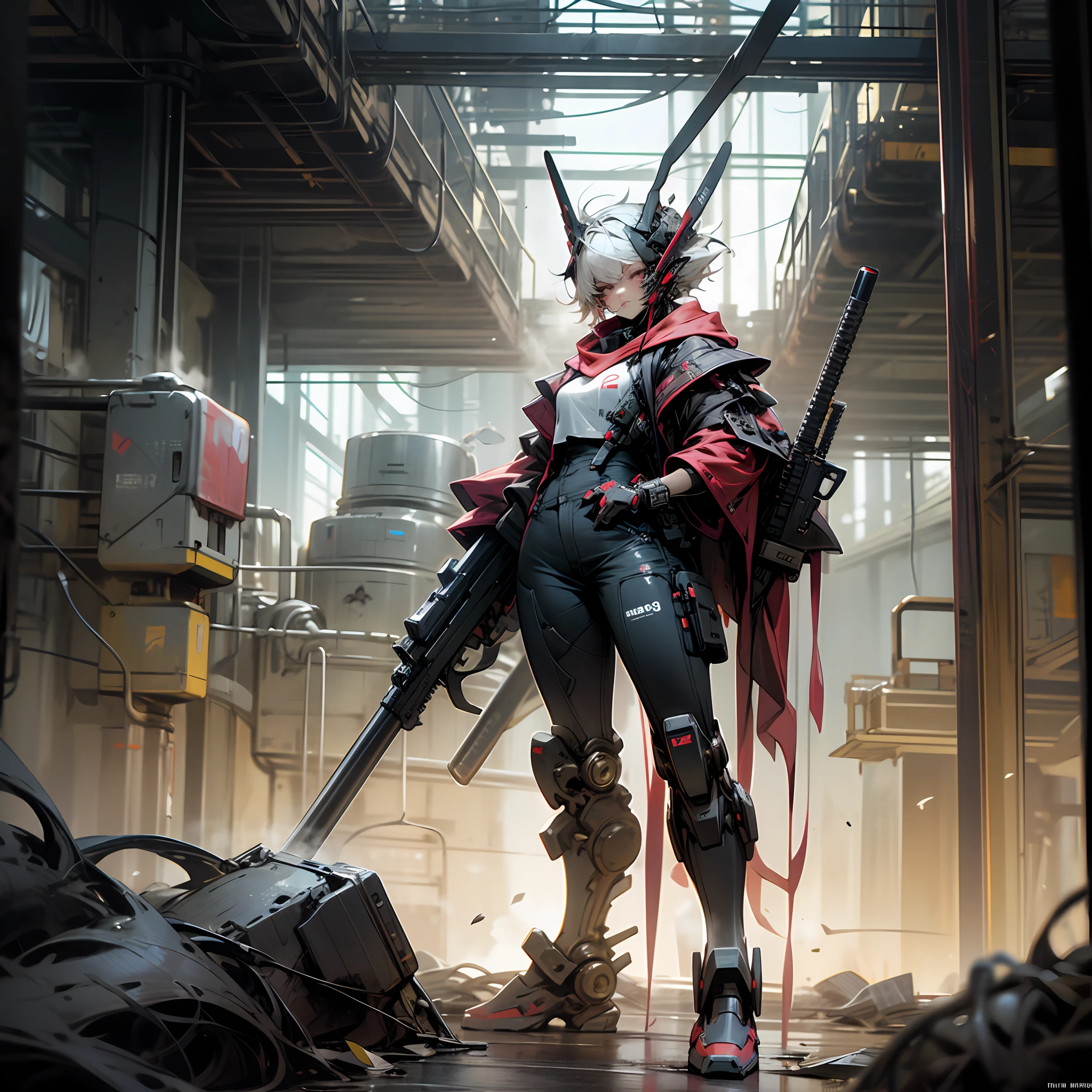 This is a CG Unity 8k wallpaper with ultra-detailed, high-resolution and top quality in cyberpunk style, dominated by black and red. In the picture, a beautiful girl with white messy short hair, a delicate face, wearing a steam mecha mask, standing on the ruins, behind her is a huge robot, and the action of a woman holding a heavy sniper rifle in her hand, --auto