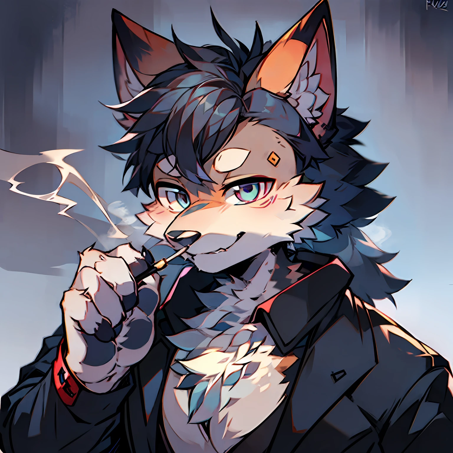 Single, shaggy male, furry, canine, wolf, canine, blue-black fur, fuchsia eyes, smoking, detective
