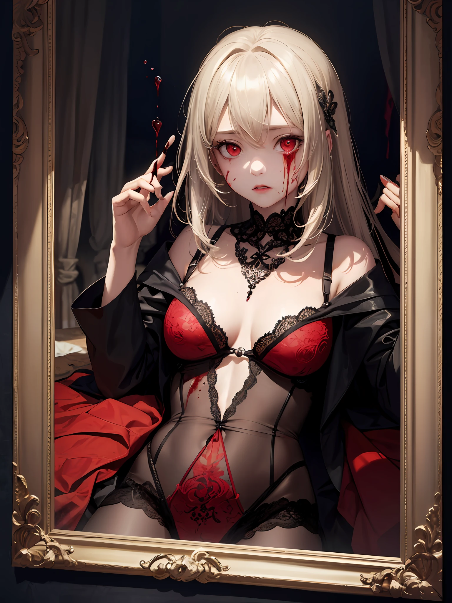 masterpiece, best quality, 1 girl, solo, supine, lying on the mirror, pale skin, messy hair, red eyes, glowing eyes, blood on face, blood on clothes, creepy, scary, blood,