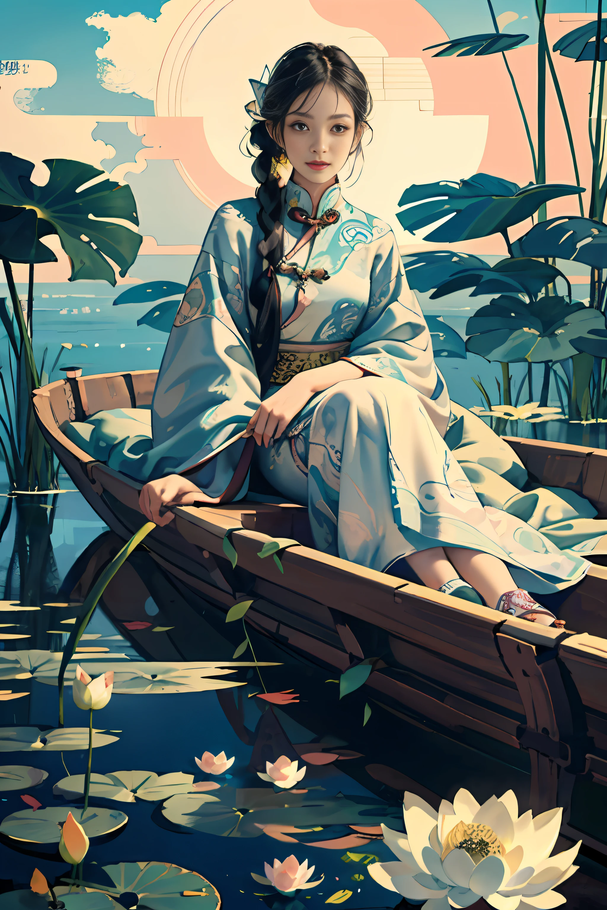 Ancient Chinese beauty sitting on wooden boat, wearing ancient Chinese clothing, flowing tulle, light silk, lazy pose, large lotus leaves, lotus flowers, lotus root, Monet style, clean colors, decisive cutting, white space, freehand, masterpiece, super detailed, epic composition, high quality, highest quality, 4k --v 6