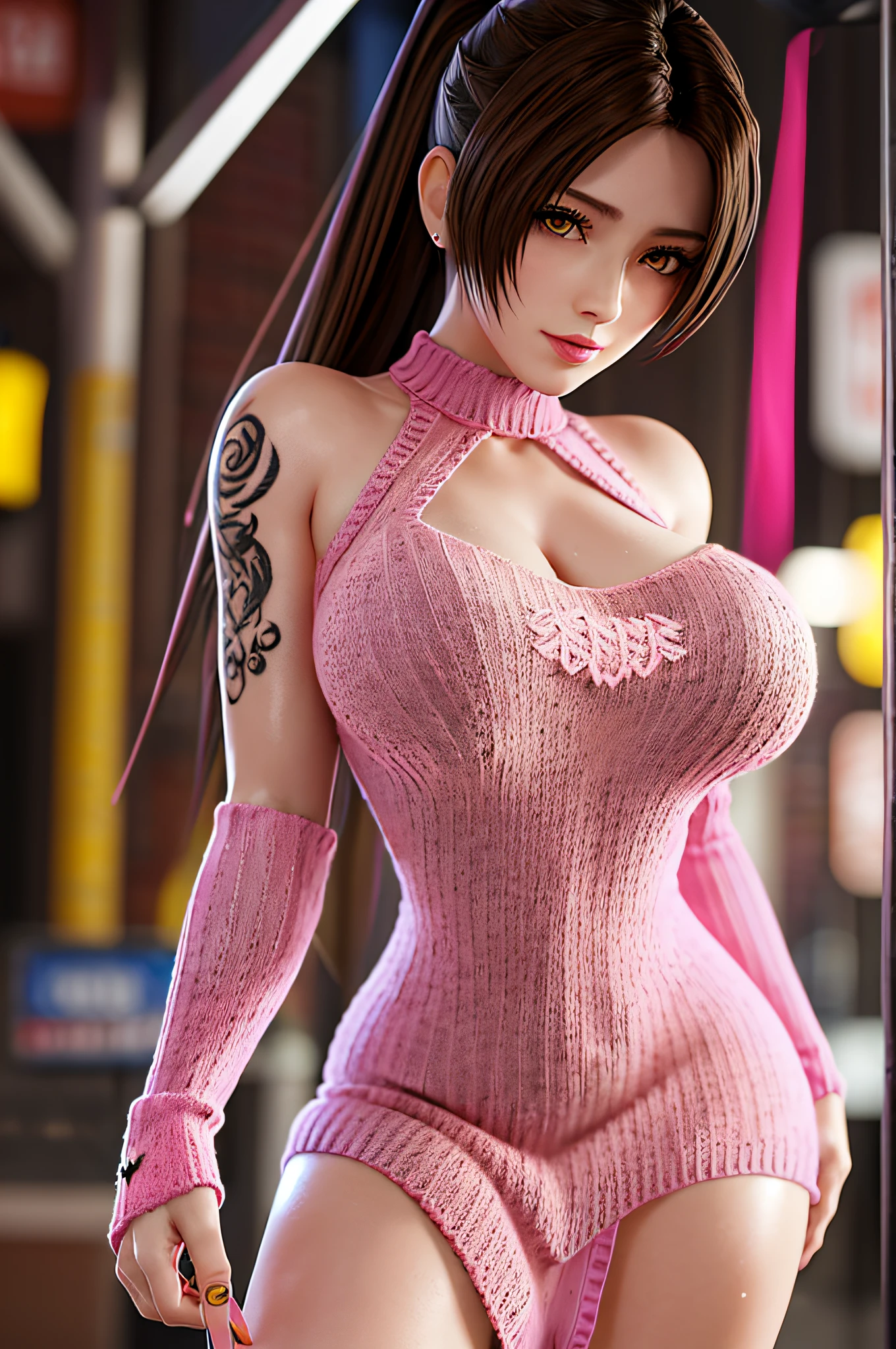 panorama,nighttime,(1girl),MaiShiranui ,jewelry,Brownish red hair,Shy, blushing,see-through,(Pink Mini Knit Dress:1.6),(((sweat ))), (Rose_tattoos :1.2) ,(((solo))),depth of field,(Masterpiece:1.5),(best quality:1.4),extremely detailed ,3D,Cinema-4D , 8k,Photorealistic ,( Charming female body), (gigantic breasts),Facing the camera, Pink lips,(((Finger details))),Subject centered,(((Extra hands))), (((extra legs))),
